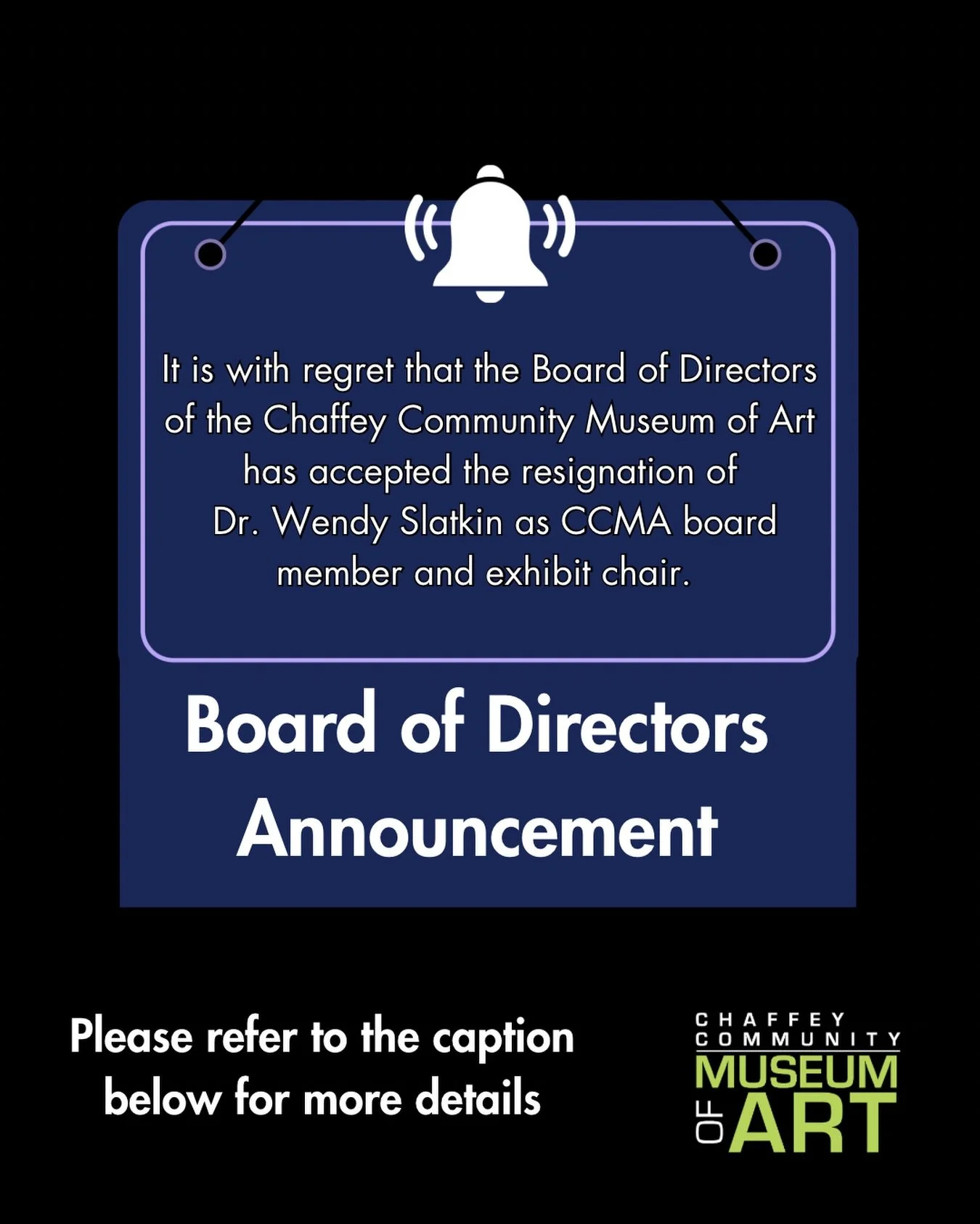 Important Board of Directors Announcement

It is with regret that the Board of Directors of the Chaffey Community Museum of Art has accepted the resignation of Dr. Wendy Slatkin as CCMA board member and exhibit chair. In her letter of resignation, We