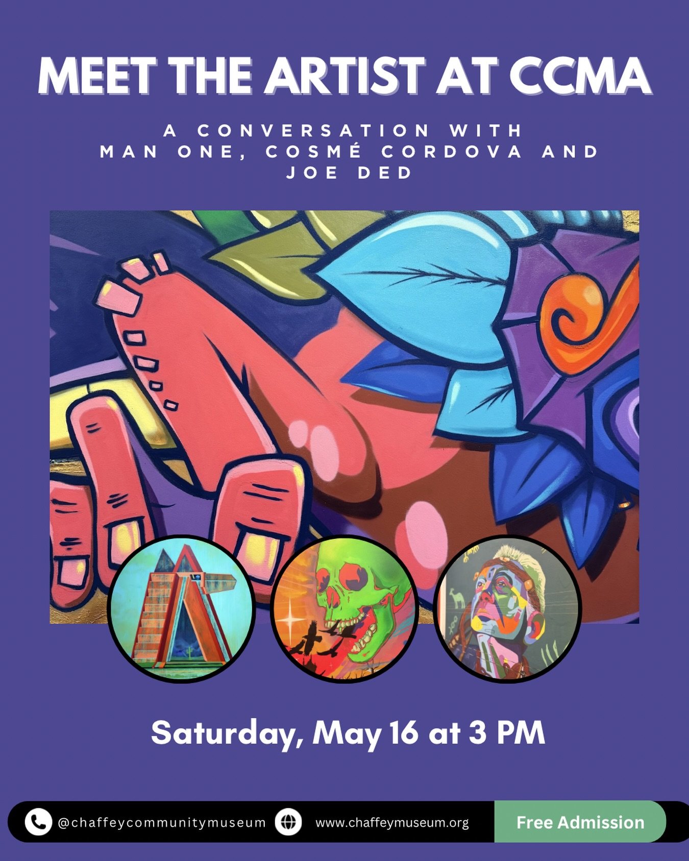 Meet the Artists: Man One, Cosm&egrave; Cordova, and Joe Ded

Join us May 16th at 3PM for a special conversation hosted at our museum discussing the important meanings, art styles, and inspirations led by our Walls that Speak displaying artists. We c