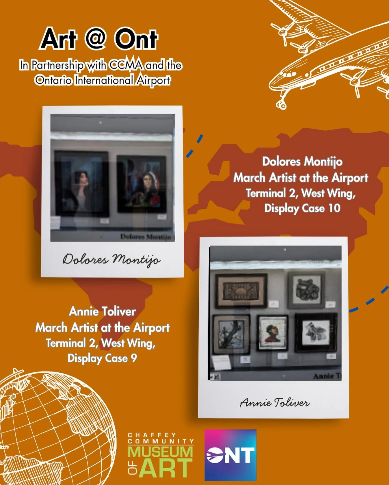 CCMA Presents the March ONT Art at the Airport Displaying Artists! 

Did you know that since 2018, CCMA has managed the art program at the Ontario International Airport? Passengers who are waiting for flights can view art created by the many talented