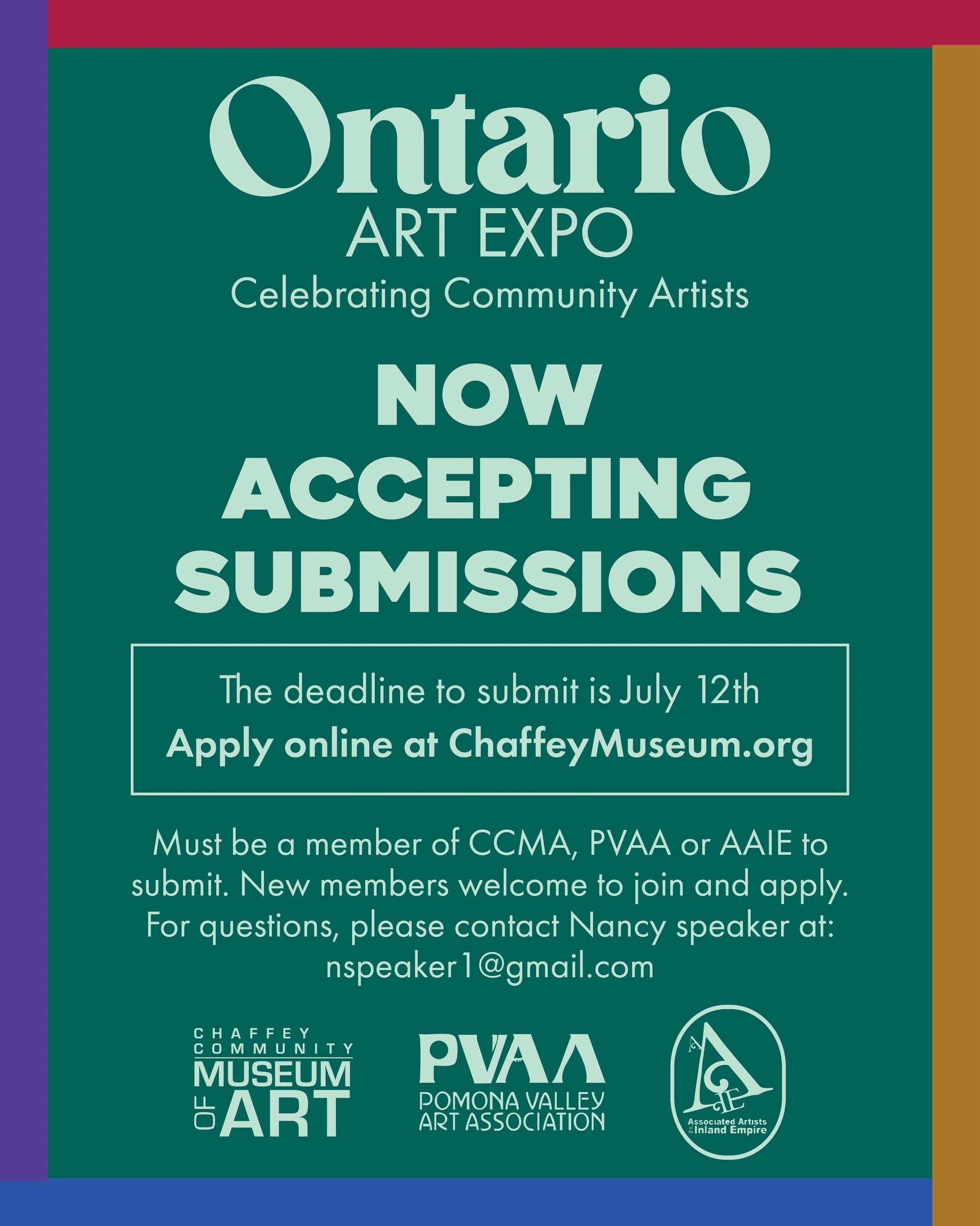 Our &ldquo;Ontario Art Expo&rdquo; Submissions are open!

The Chaffey Community Museum of Art (CCMA) is seeking artists active in all media to&nbsp;participate in the &ldquo;2026 Ontario Art Expo: Celebrating Community Artists&rdquo; to be held&nbsp;