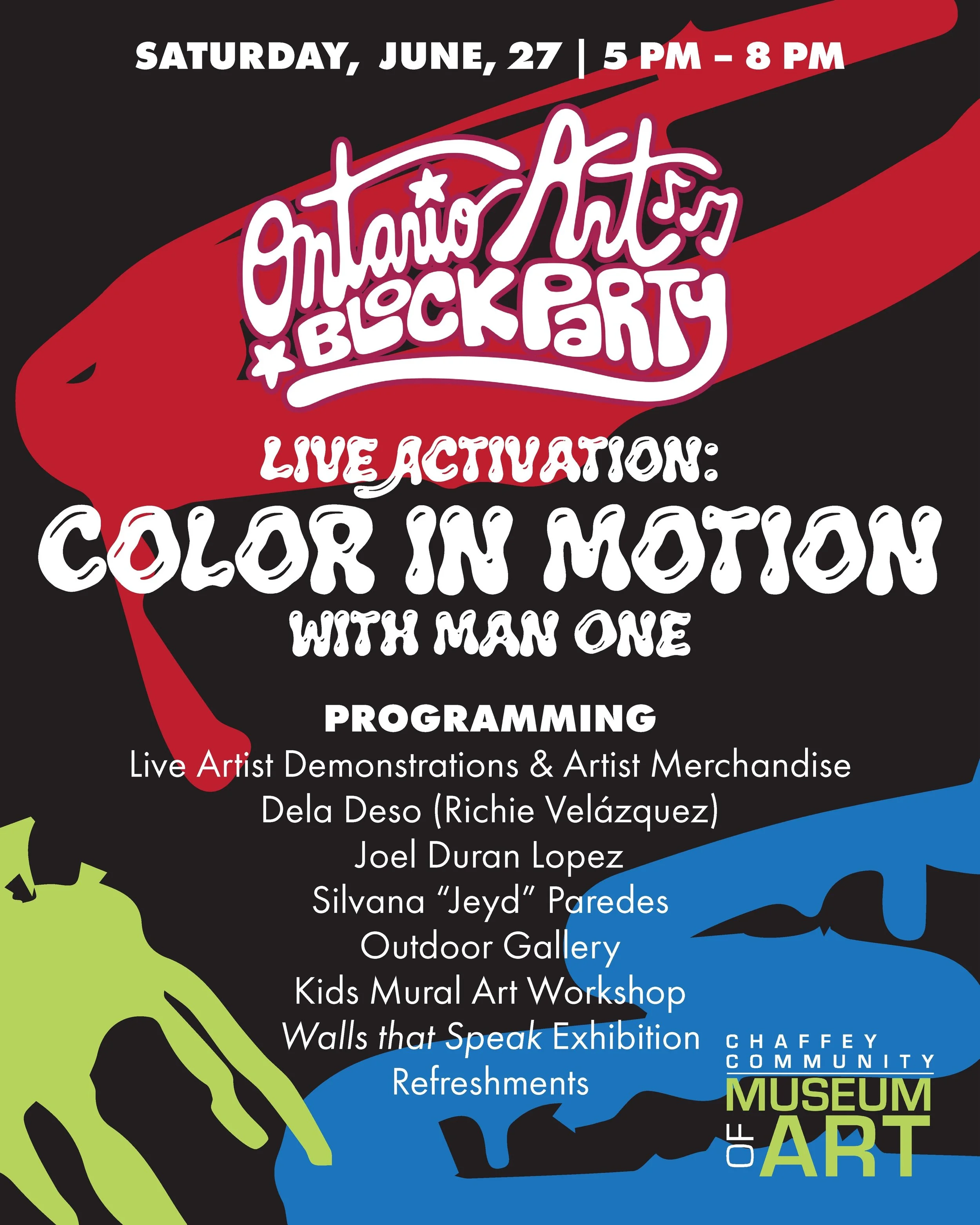 Join us during the Ontario Art Block Party to enjoy a night hosted with @manoneart , June 27th from 5 PM - 8 PM.

We will be having live art demonstrations by @dela_deso , @j67tattoos , &amp; jeydtattoos , an outdoor gallery, a kids mural art worksho