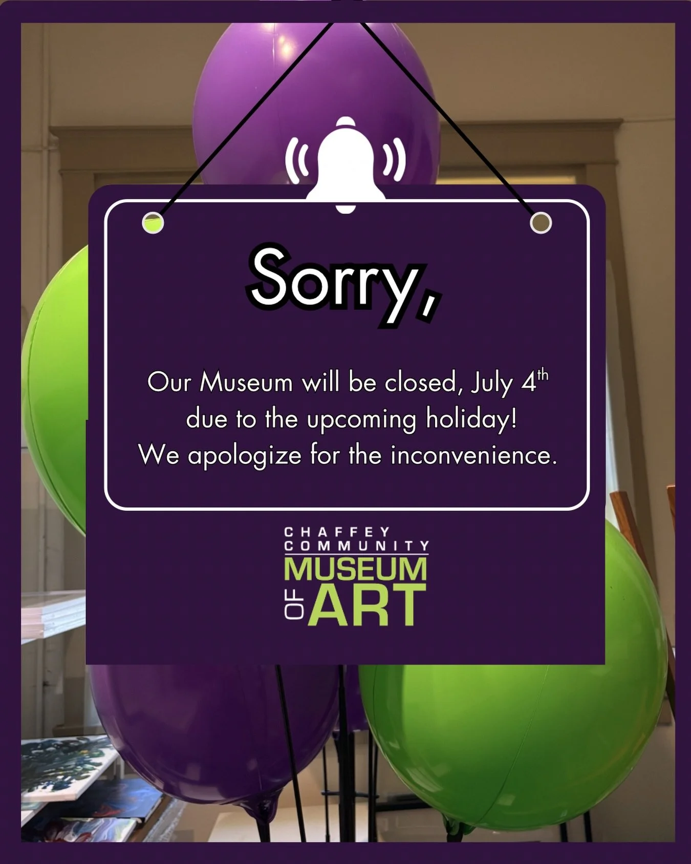 CCMA closed July 4th!

Due to the upcoming holiday, our museum will be closed on Saturday, the 4th.

We apologize for the inconvenience, and will reopen on July 5th.

Thank you for your support!