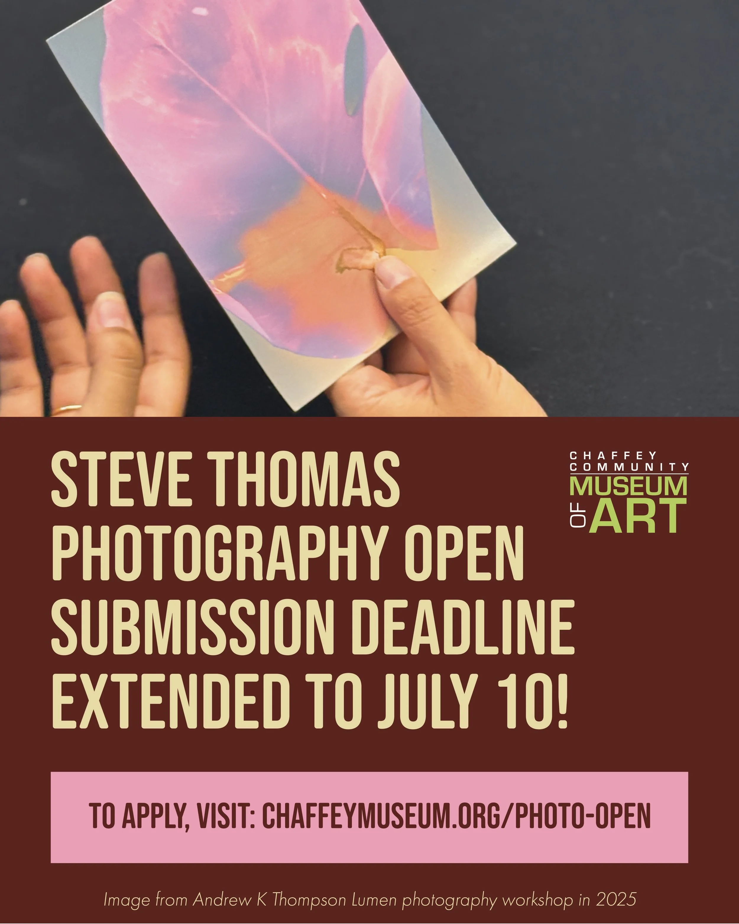 Steve Thomas Photography Open applications extended!

Make sure to apply by July 10th to be apart of this opportunity to be apart of the second annual Steve Thomas Photography Open, to be held July 24 to October 18, 2026. 

This juried exhibition pre
