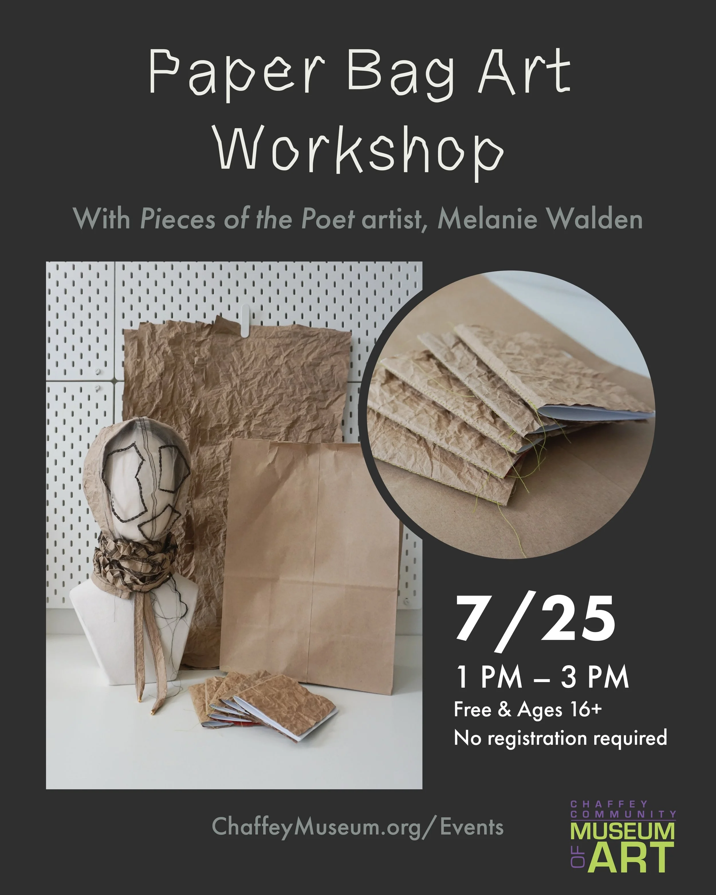 Paper Bag Art: Creating With Unconventional Materials with Melanie Walden

Join artist Melanie Walden, July 25th, 1 PM - 3 PM, for a creative afternoon exploring art made from paper bags and recycled materials. Begin with a guided walk through the cu