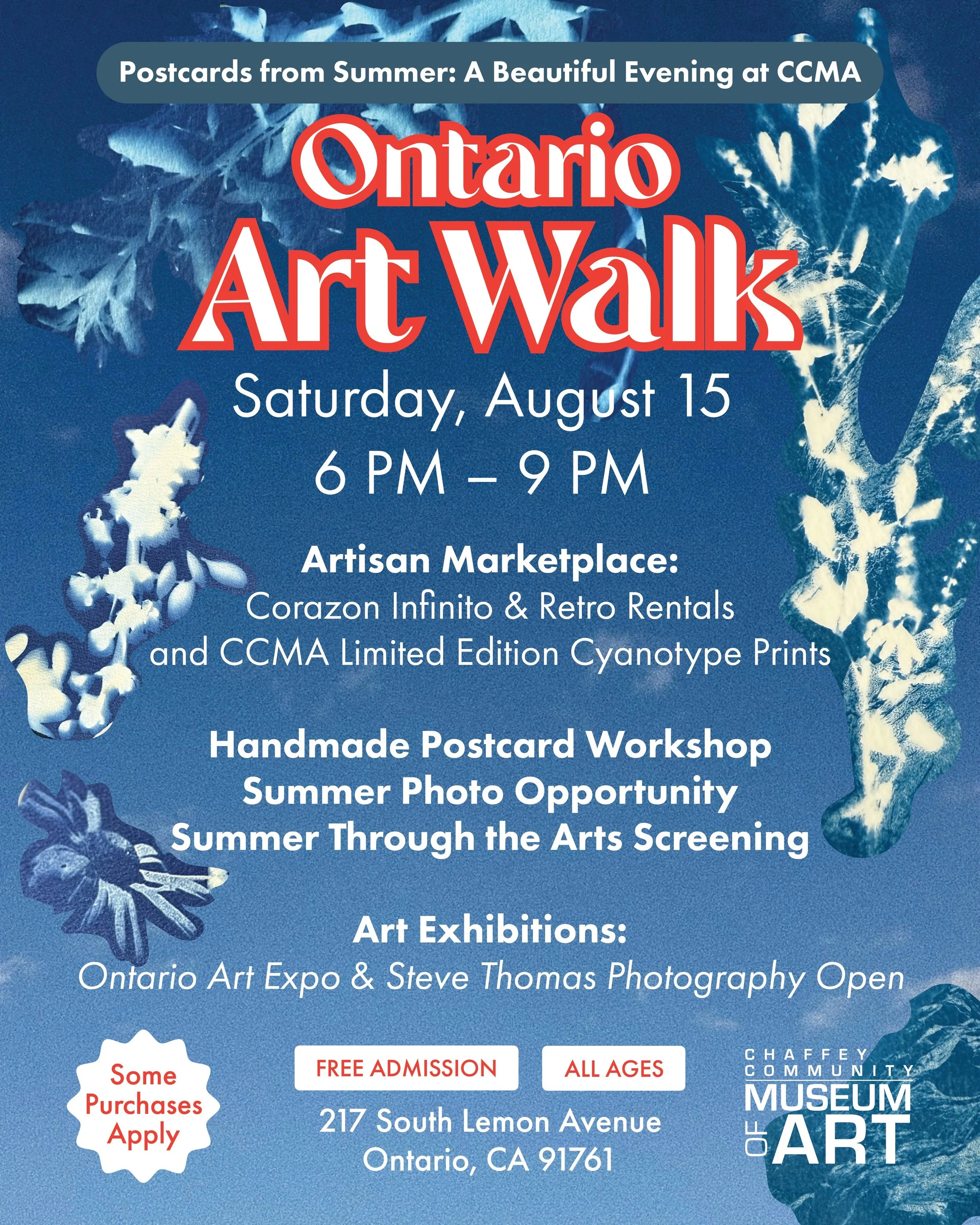 CCMA invites you all to our Ontario Art Walk: Postcard from Summer Evening!

Filled with fun activities&nbsp;such as an artisan marketplace featuring beautiful merchandise by our artist vendor, Corazon Infinito, creative and in-house stickers by retu