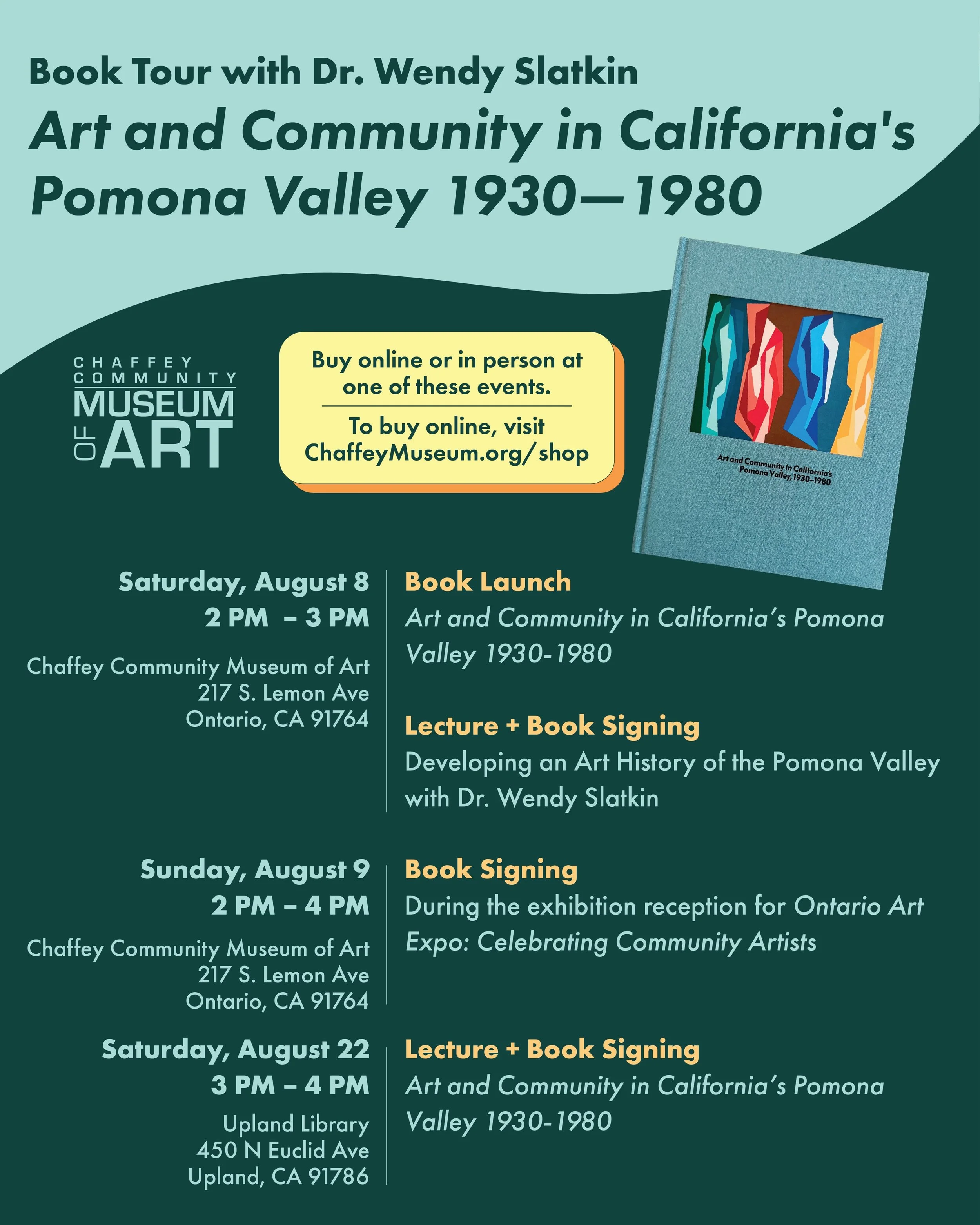 Announcing Dr. Wendy Slatkin&rsquo;s Book Tour

Celebrating the Book Launch of &ldquo;Art and Community in California&rsquo;s Pomona Valley: 1930-1980&rdquo;, written by Dr. Wendy Slatkin, please join us for the many wonderful events listed here on o