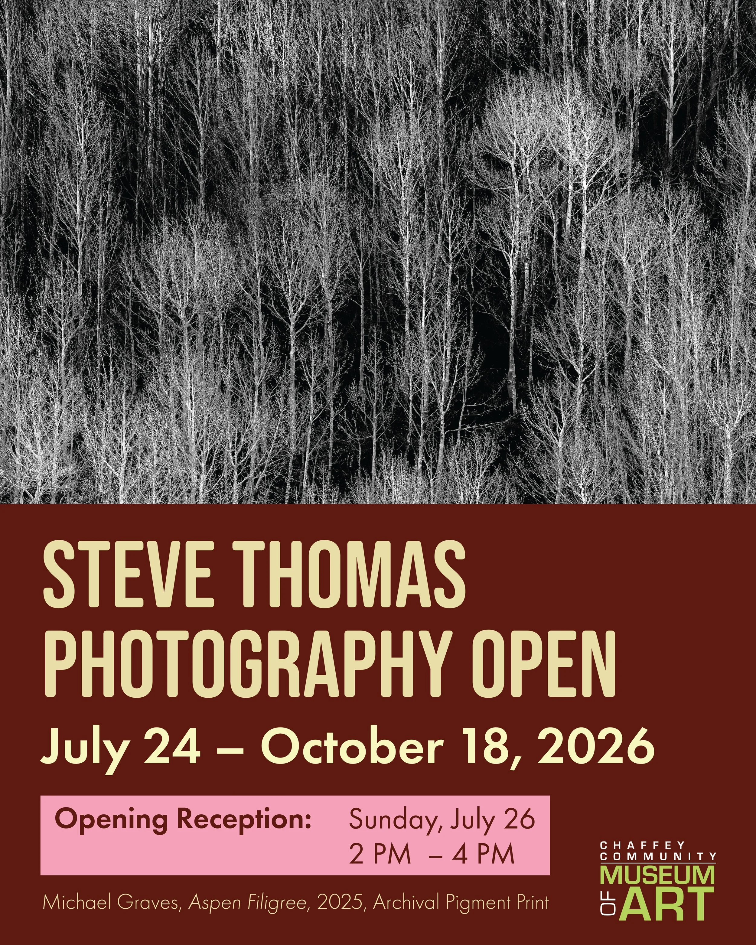 2026 Steve Thomas Photography Open, 
July 24th - October 18th

The Chaffey Community Museum of Art announces the second annual Steve Thomas Photography Open, to be held July 24 to October 18, 2026. This juried exhibition presents a dynamic selection 