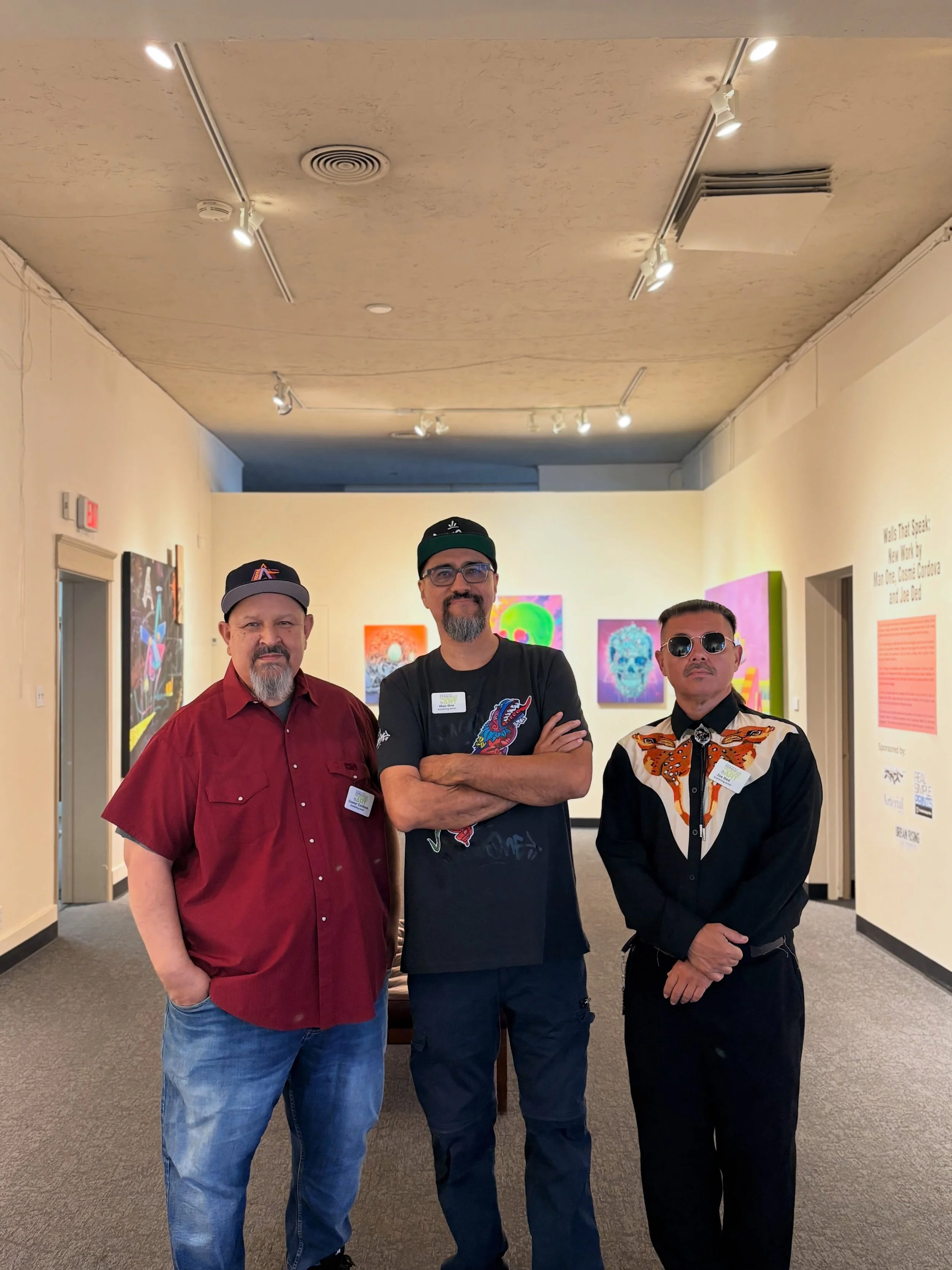 Walls that Speak: New Work by Man One, Cosm&eacute; Cordova, and Joe Ded closing today!

Pictured here are our 3 amazing displaying artists, with their over 30 incredibly creative pieces, CCMA was so proud to display such talent amongst these three a