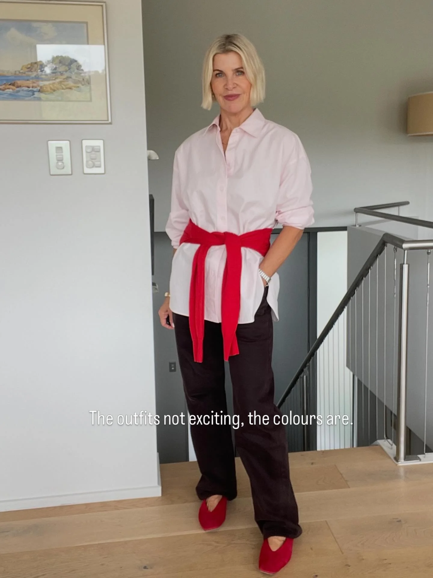 Three colours. All basics. A completely different outfit.

Brown jeans, an oversized pink shirt, red suede ballet flats. 

Simple pieces I&rsquo;ve worn many times in different combinations. 

But chocolate, pink and red together felt modern in a way