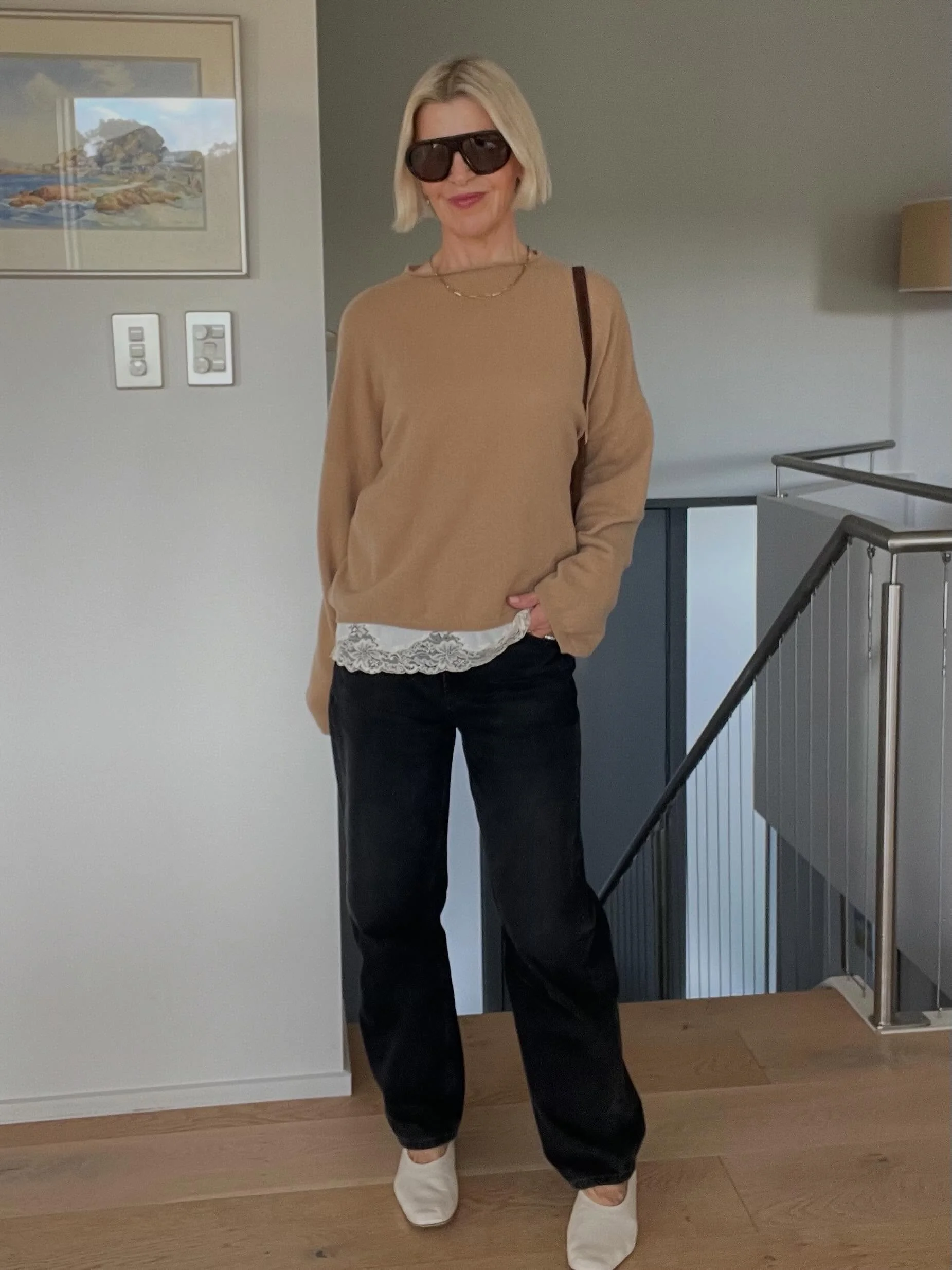 Working from home today. Mostly.

Cashmere, a touch of lace peeking underneath, black jeans, cream ballet flats. Camel and cream and black and that&rsquo;s it.

I did pop out this afternoon, but I&rsquo;d already been dressed like this before I left.