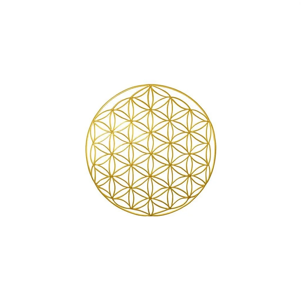 A geometric pattern of interconnected gold circles forming a spherical shape on a white background.
