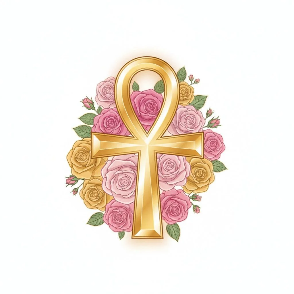 Gold ankh symbol surrounded by pink and beige roses with green leaves on a white background.