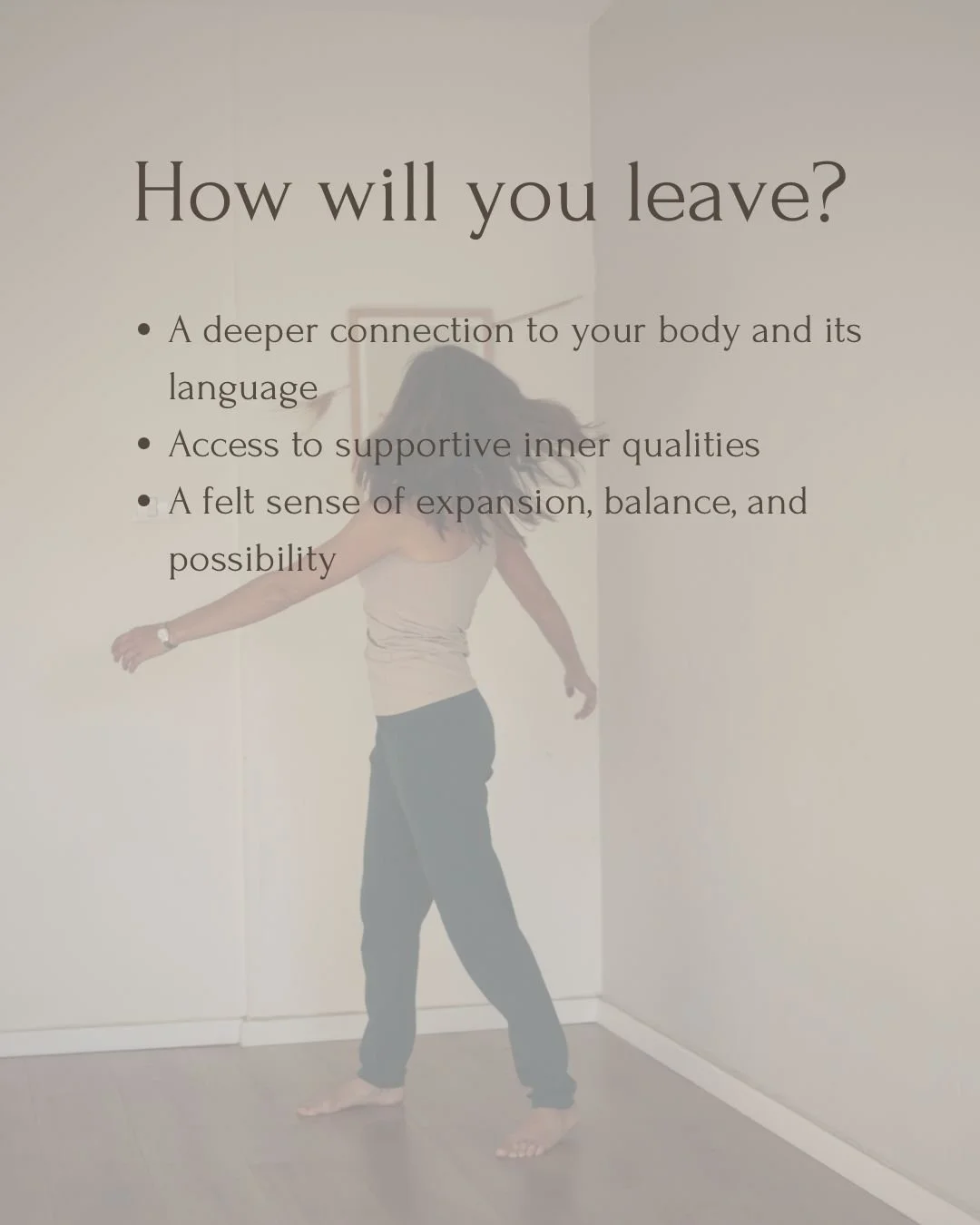 Poster featuring a Šárka from Wildflower Soimatics  in free movement with loose arms  in a minimalist room, blurred background.