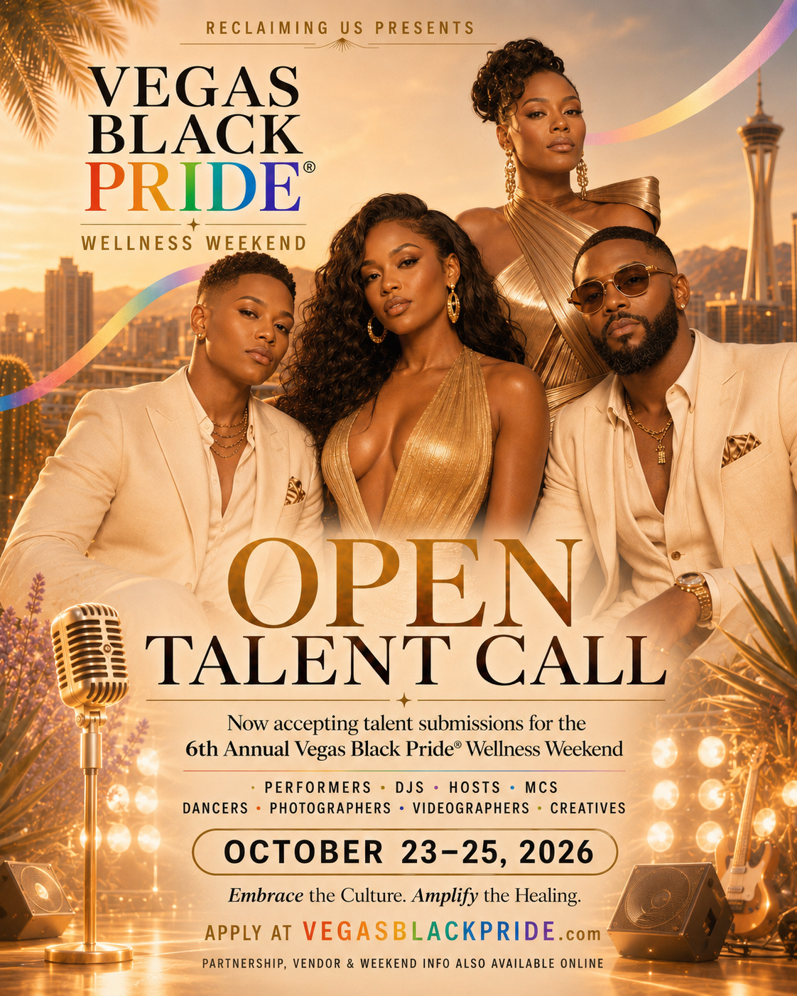 A promotional poster for the Vegas Black Pride Wellness Weekend event, featuring four stylish Black individuals posing against a cityscape backdrop with the Stratosphere Tower in Las Vegas. The poster includes event details, dates, and call for talent submissions.