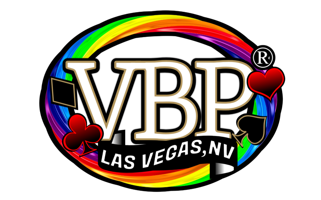 Vegas Black Pride™ logo and an oval rainbow-colored border, with the text 'LAS VEGAS, NV' underneath, on a black background. Contains four playing card symbols: club, heart, diamond, and spade.