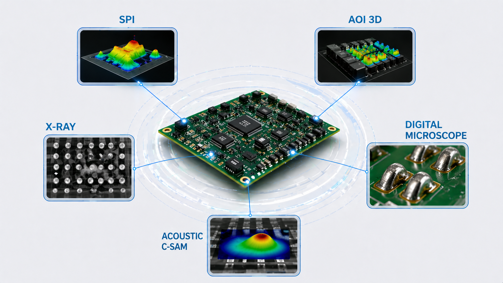 Schema delle tecnologie di ispezione PCBA: SPI, AOI 3D, X-ray, C-SAM e microscopio digitale — Cabiotec