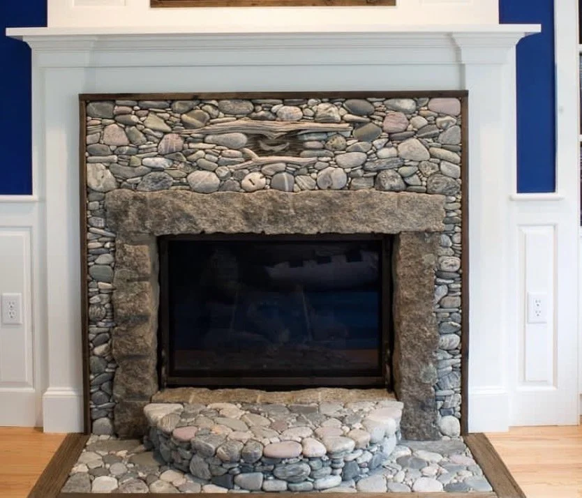Dry-stack fireplace.