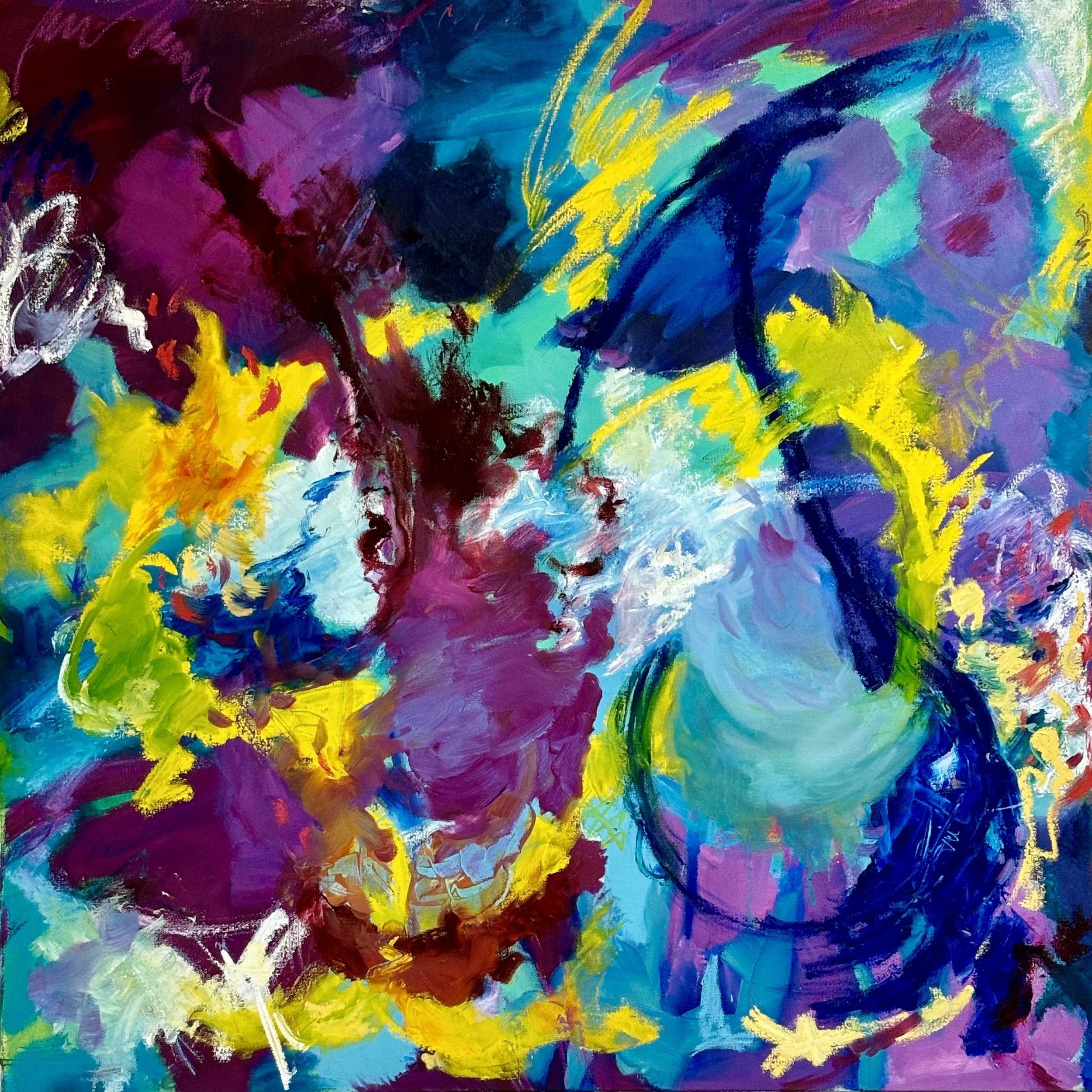 "Northwest Passage" oil and oil stick on gallery wrapped canvas, 30X30", floating frame