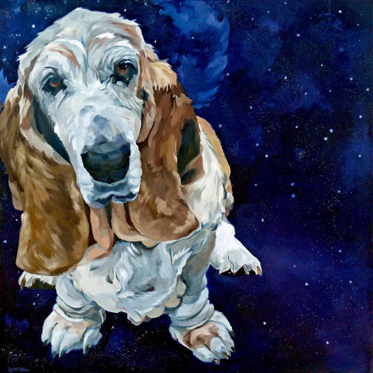 A painting of a cute and expressive Basset Hound dog with long ears, sitting on a cosmic background of deep blue and starry space.