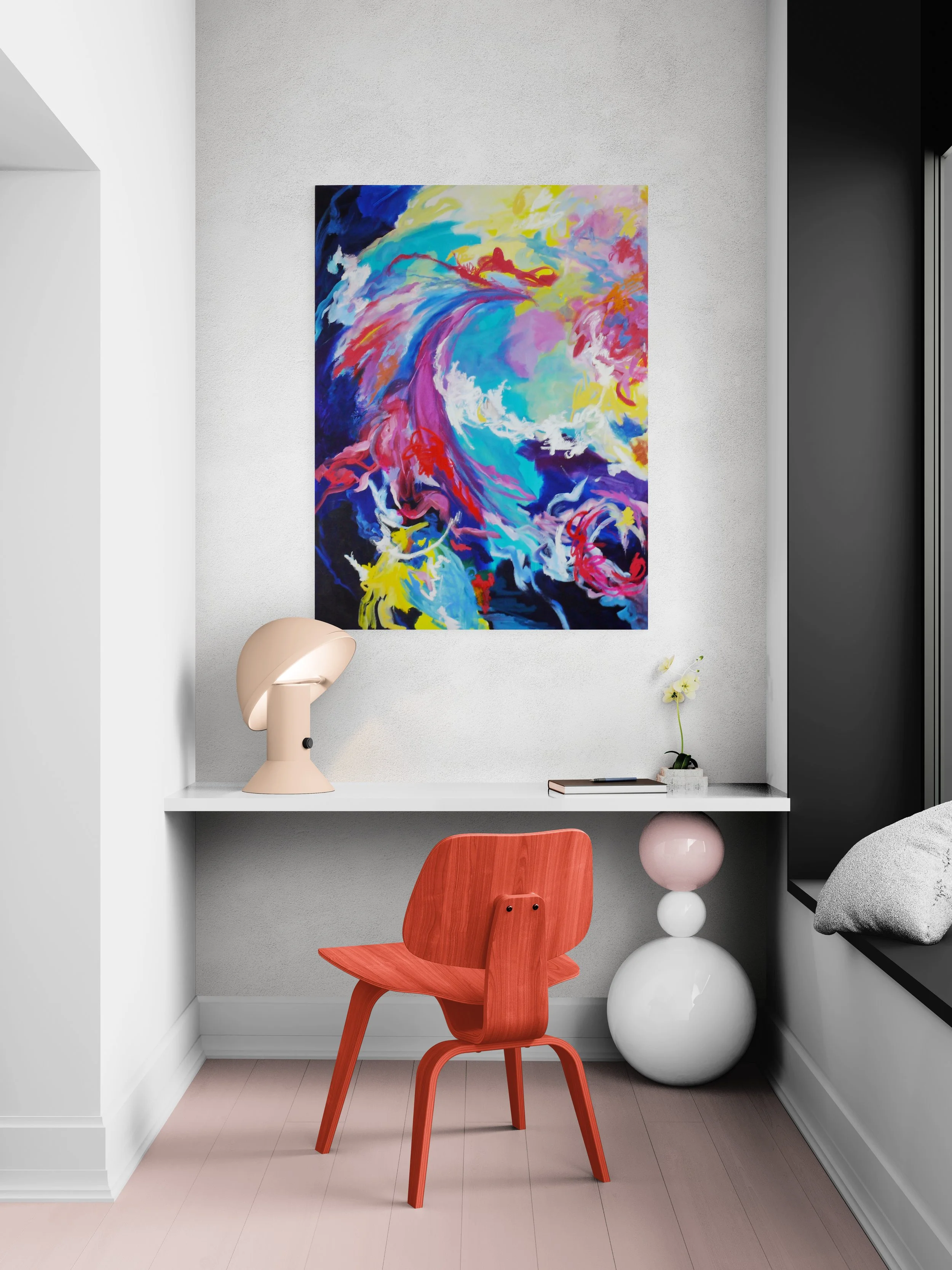 Modern interior space featuring a white wall with colorful abstract artwork, a small desk with a beige lamp, a pink and white decorative vase with a flower, a red wooden chair, and a window with a bench and pillow.
