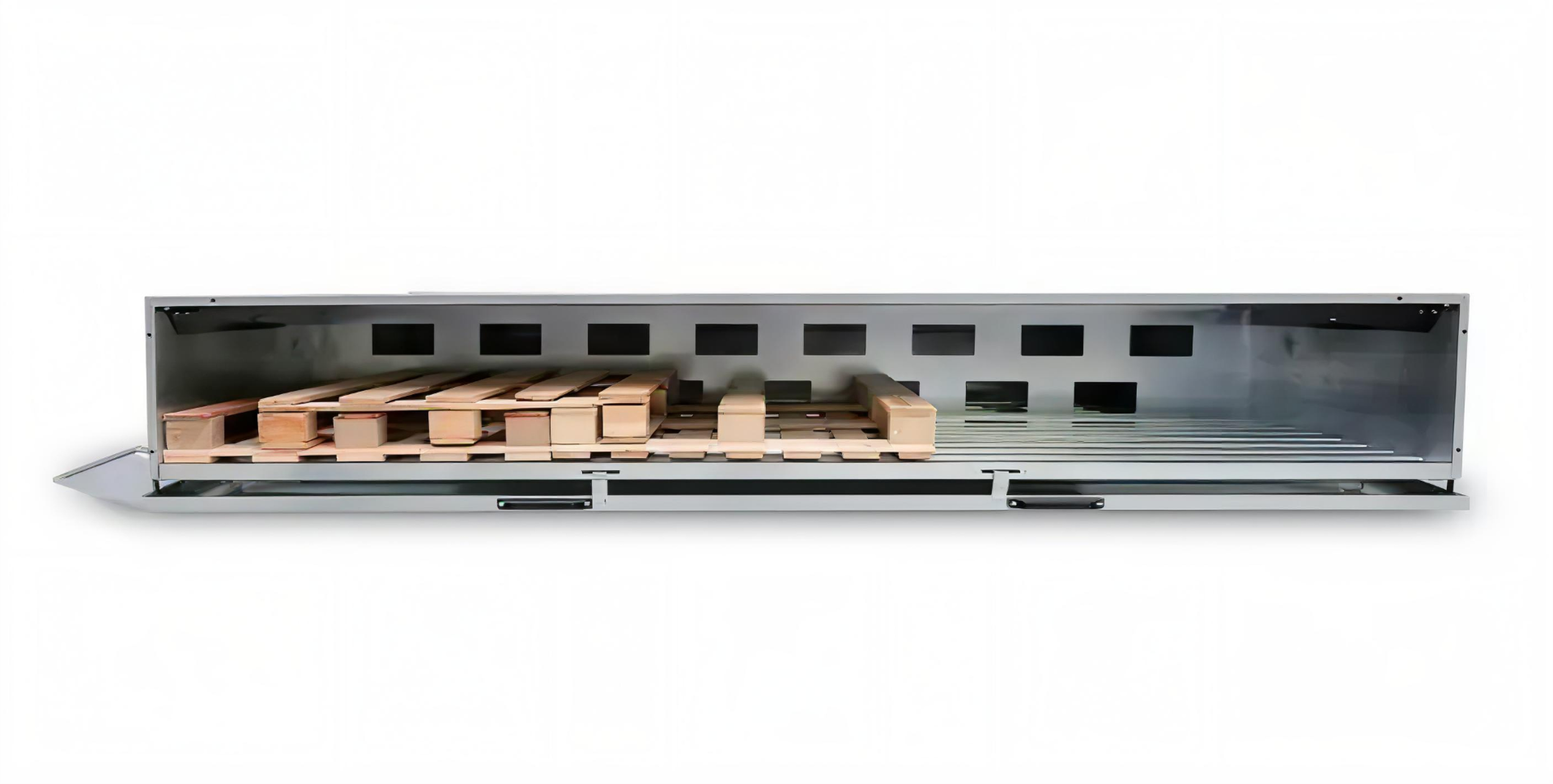 A stainless steel drywall dust collection box with wooden blocks inside