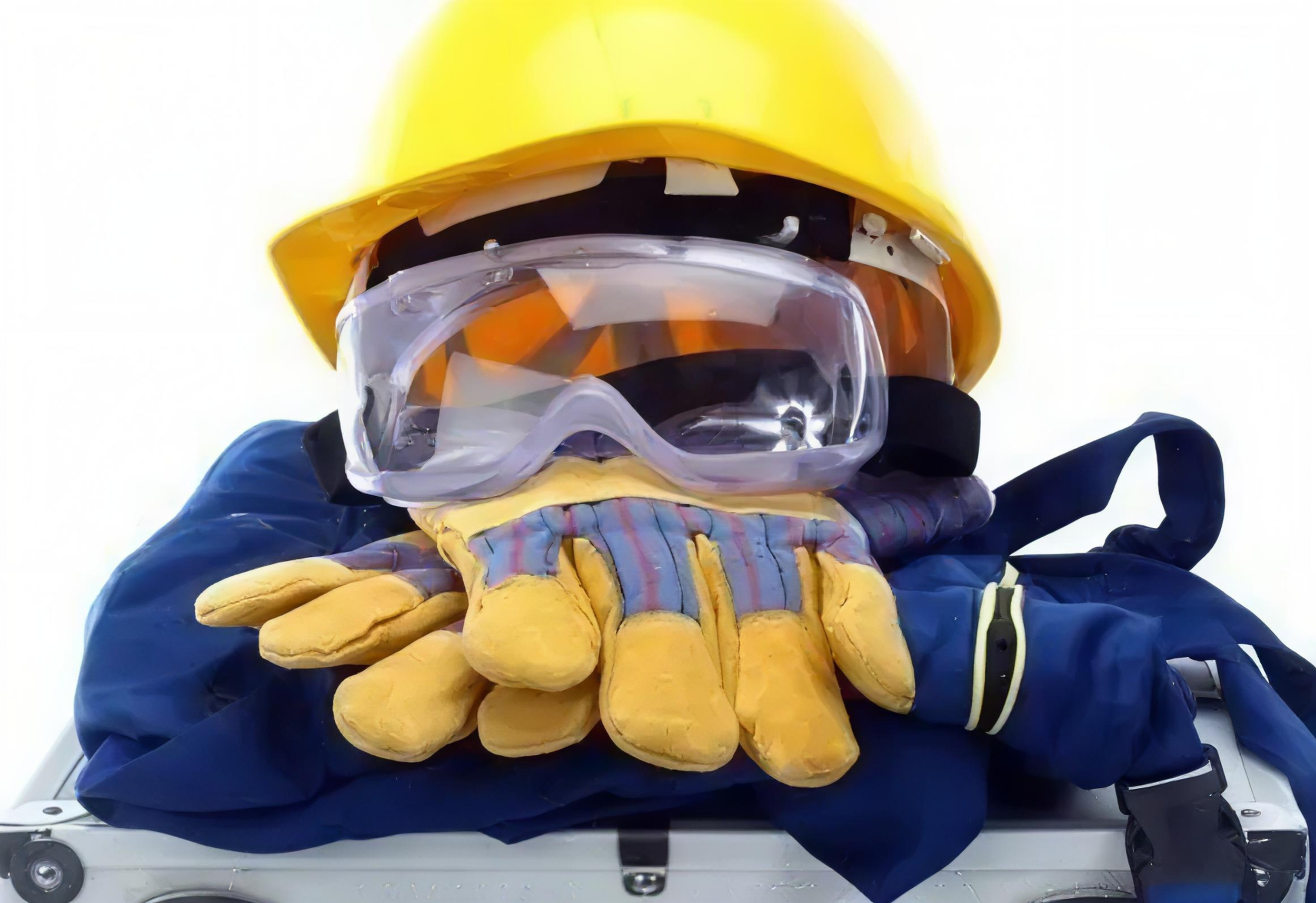 A person wearing protective gear, including a yellow hard hat, safety goggles, yellow gloves, and a blue work jacket, is holding yellow work gloves against a white background.