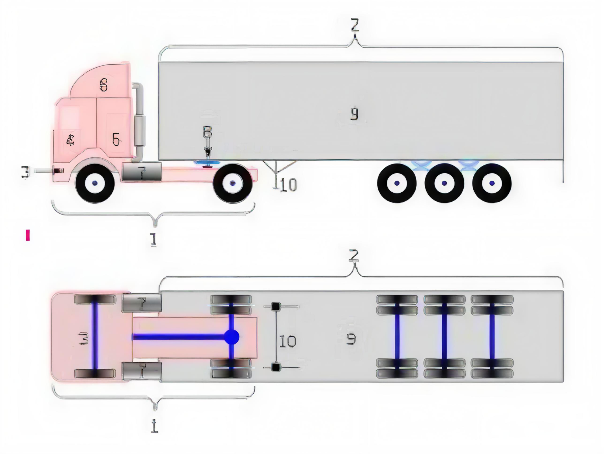 Diagram of a truck with numbered sections, showing its interior components, in white and pink colors with blue lighting elements.