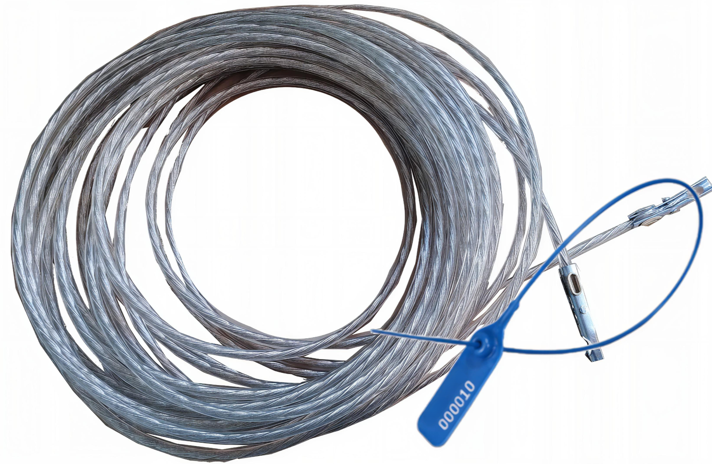 A coil of clear, plastic optical fiber cable with a blue connector at the end.