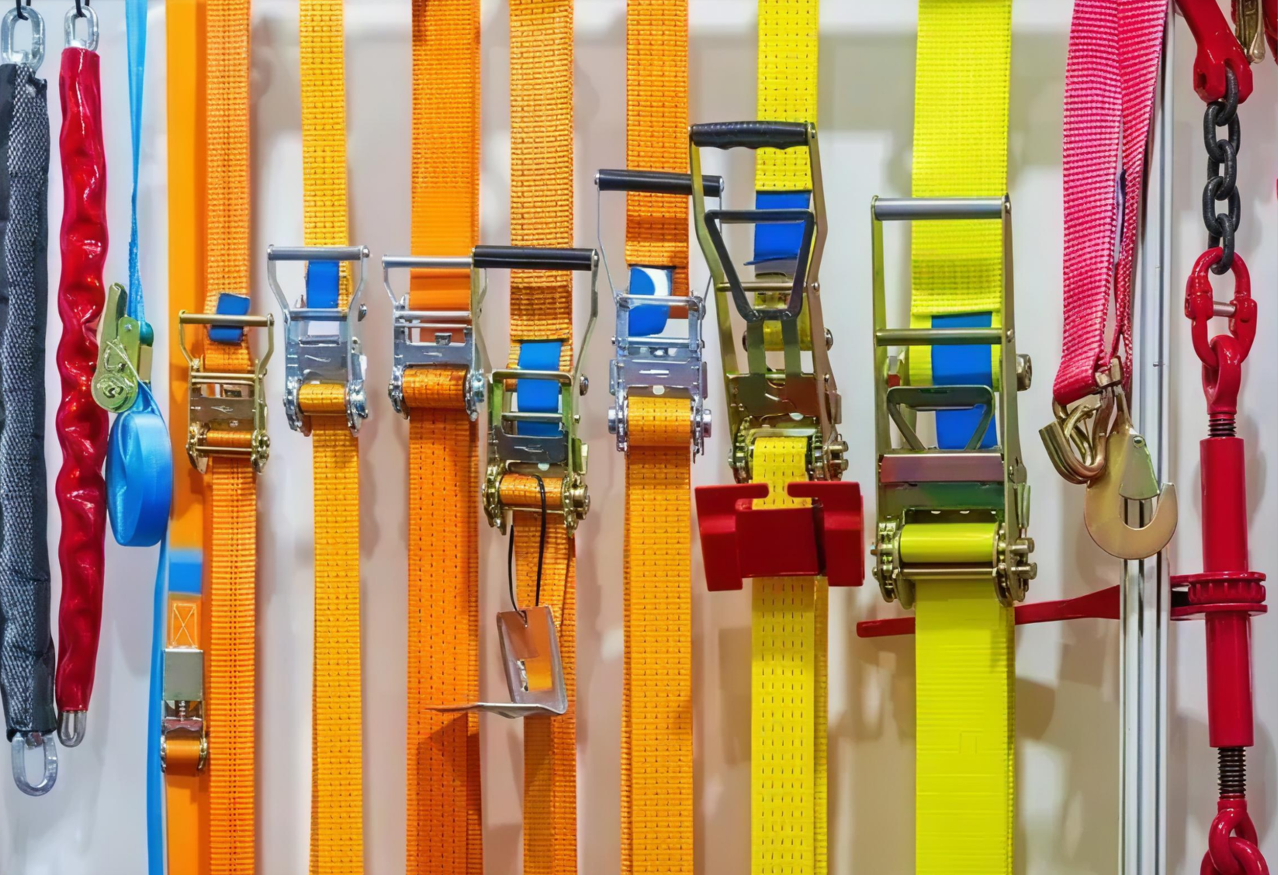 An assortment of colorful straps and harnesses hanging vertically, including various types of safety, climbing, and utility straps in colors like red, blue, orange, yellow, and black.