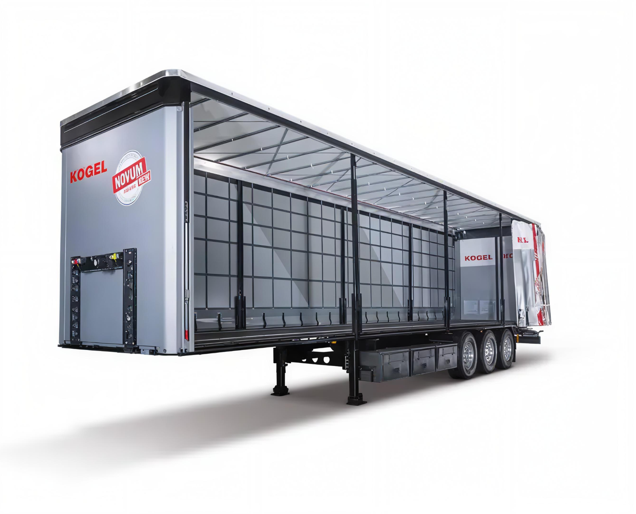 A large flatbed trailer with a partially enclosed structure for transporting goods.