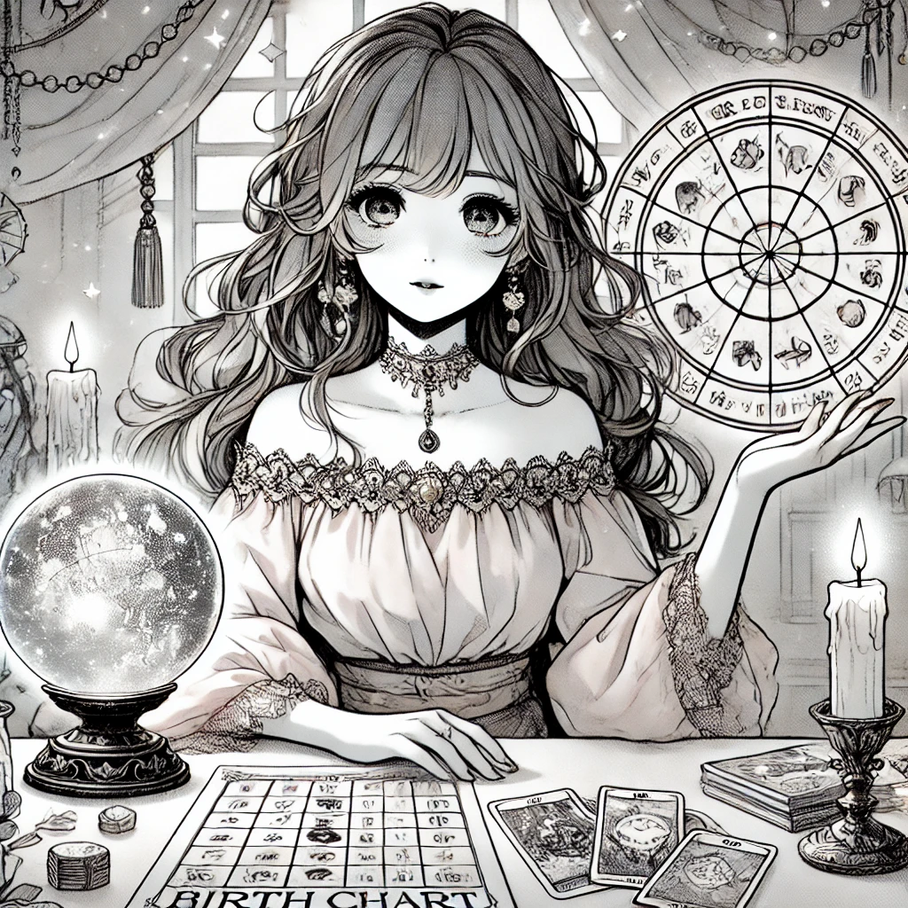 DALL·E 2024-11-22 20.24.44 - A manga-style illustration of a female birth chart and tarot reader in a mystical setting. The character is seated at a table adorned with a glowing c.png