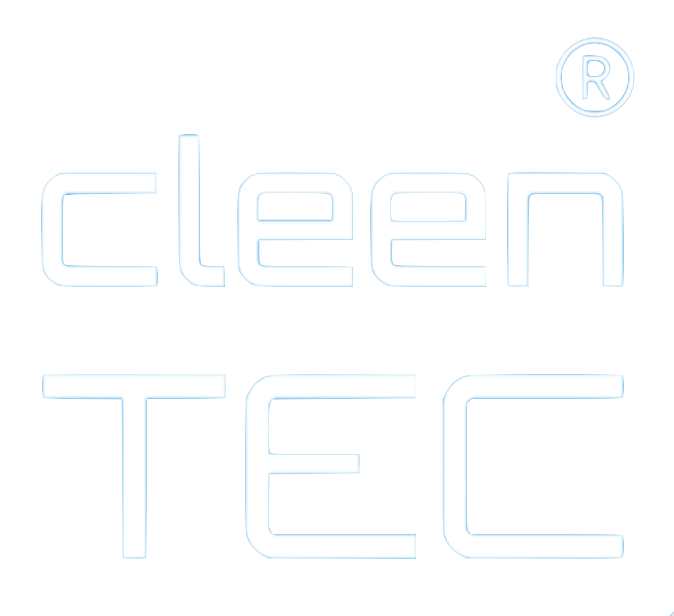 Neon logo with the words 'clean TEC' in blue, outlined in white, on a black background.