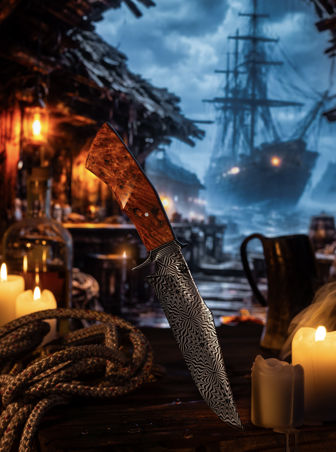 couteau en damas mosaïque dans une taverne pirate, ambiance d'aventure, un galion en arrière plan