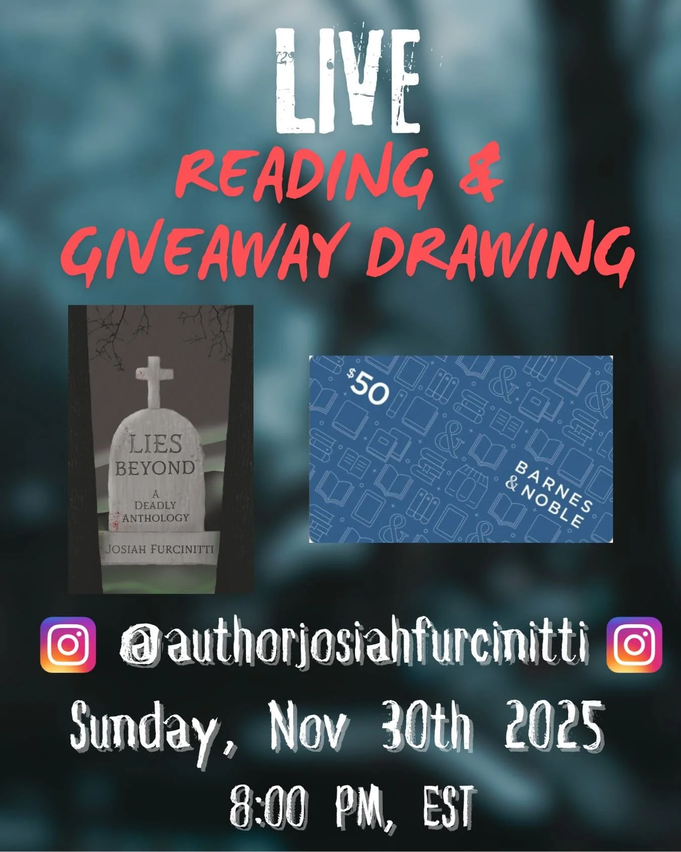 🚨 GET READY 🚨 

I&rsquo;ll be doing a live reading of a portion of one of the stories in Lies Beyond AND doing the drawing for the $50 Barnes &amp; Noble giftcard in ONE WEEK on release day, November 30th at 8PM EST from this account. 

Be there or