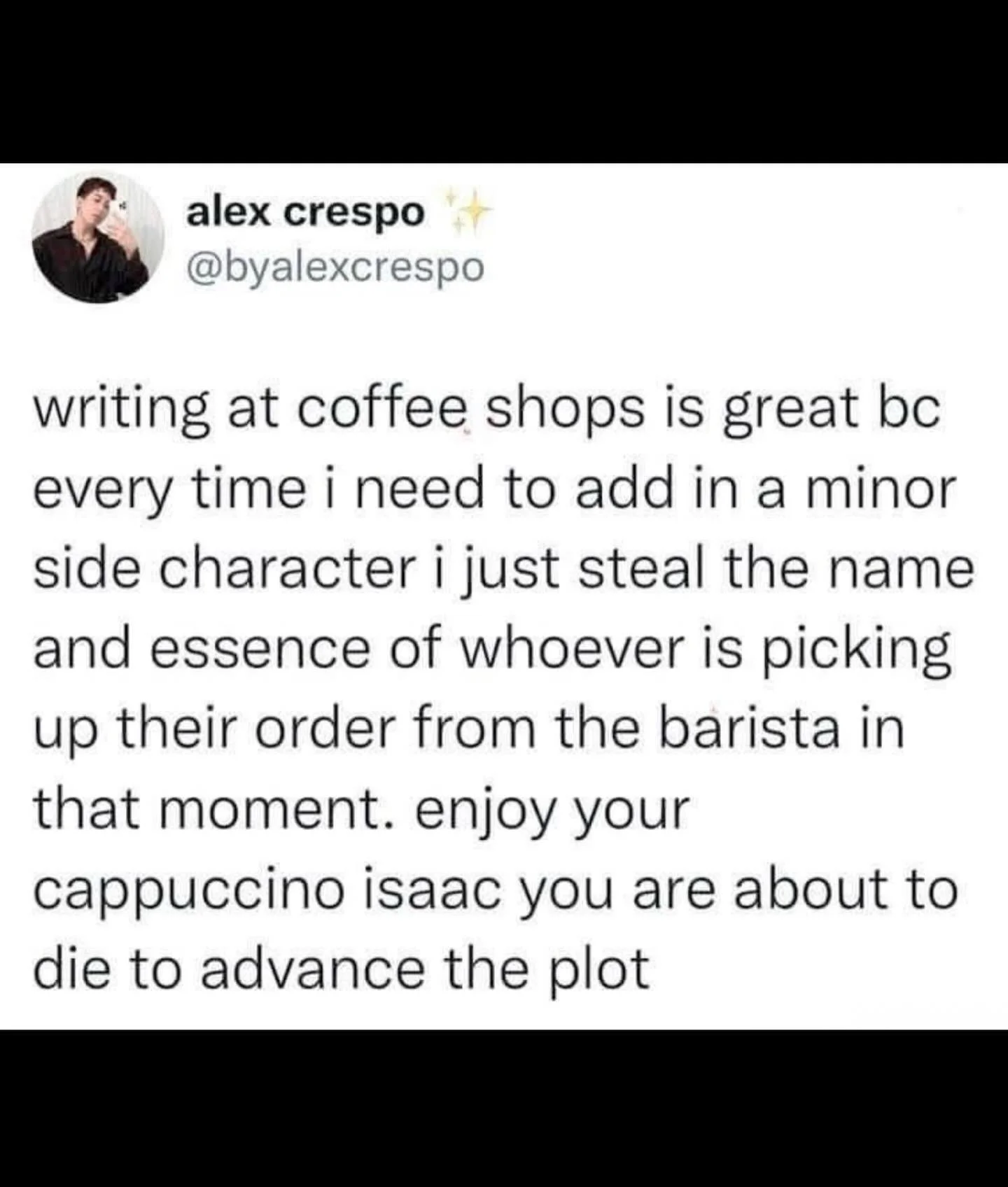 Genuinely incredible, 10/10 idea. Will be doing this. Beware if you find yourself in a coffee store near me. 

#writer