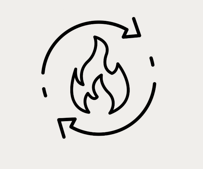 Line drawing of a flame surrounded by a circular recycling arrow.