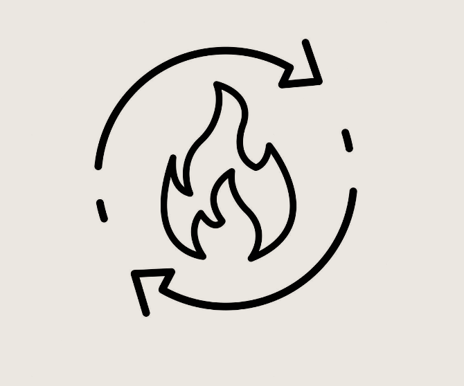 Icon of a fire surrounded by circular arrows, indicating fire recycling or fire safety.