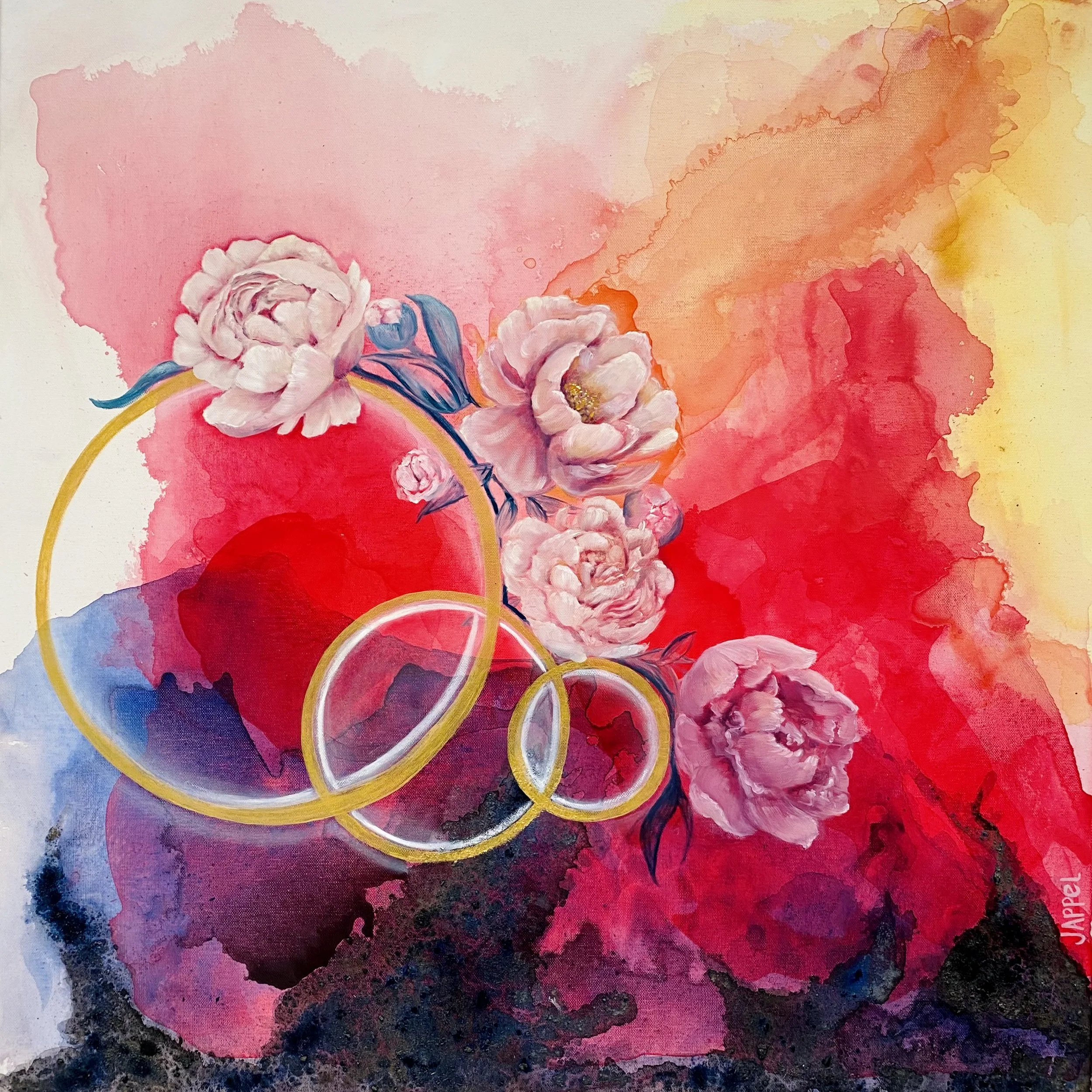 "Beauty for Ashes"
This is reference to Isaiah 61, a crown of beauty in place of ashes. Here we see the Trinity in the midst of the exchange, bringing new life in the flowers into the ashes. I used actual ashes on the canvas.