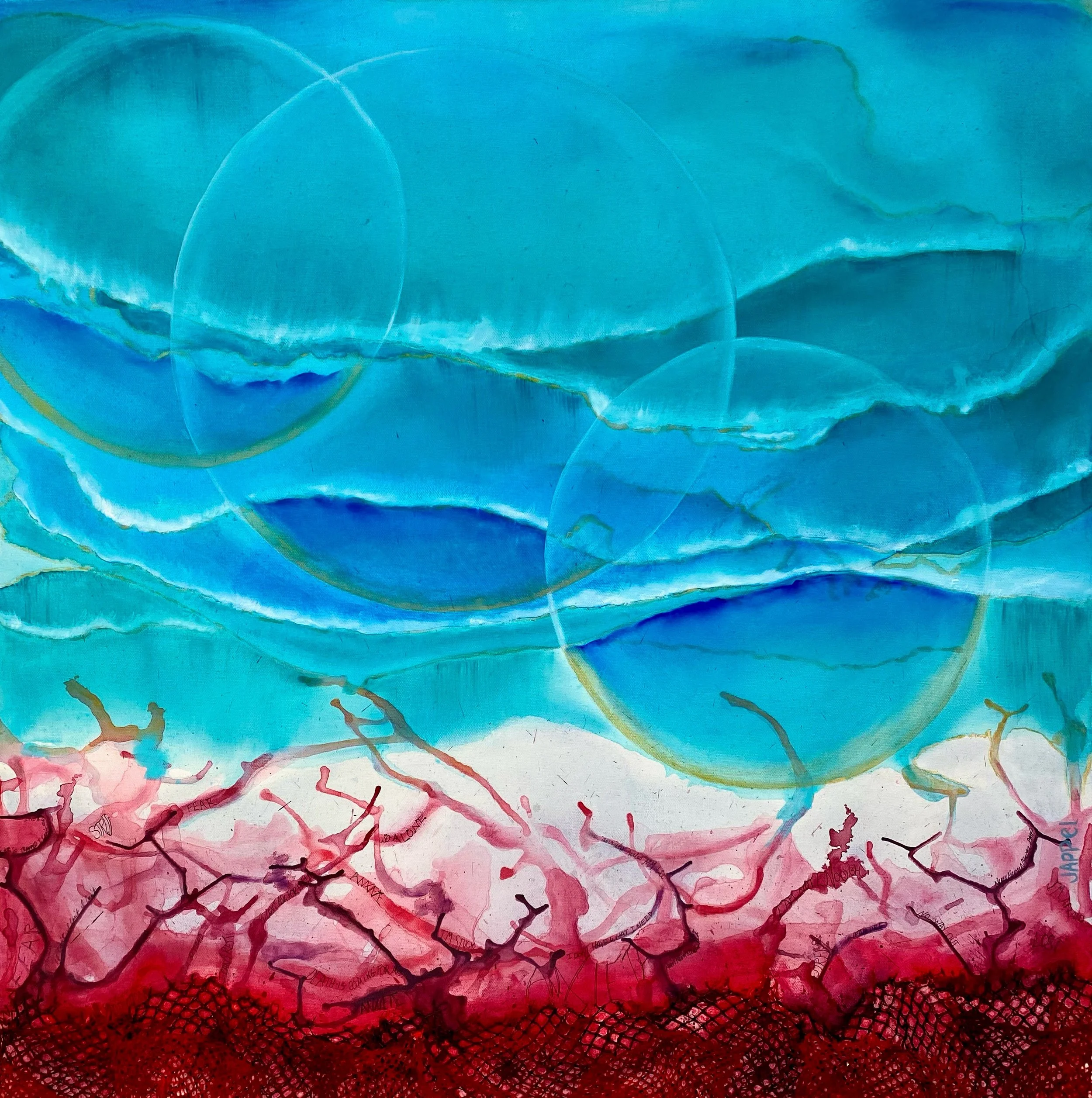 "Waves of Peace"
Anxiety is ever present in our modern and it is a trap that the enemy sets for our souls. In the lower part of the painting, there are dashing words, thoughts, and netting to illustrate how we can get caught in these thought processe