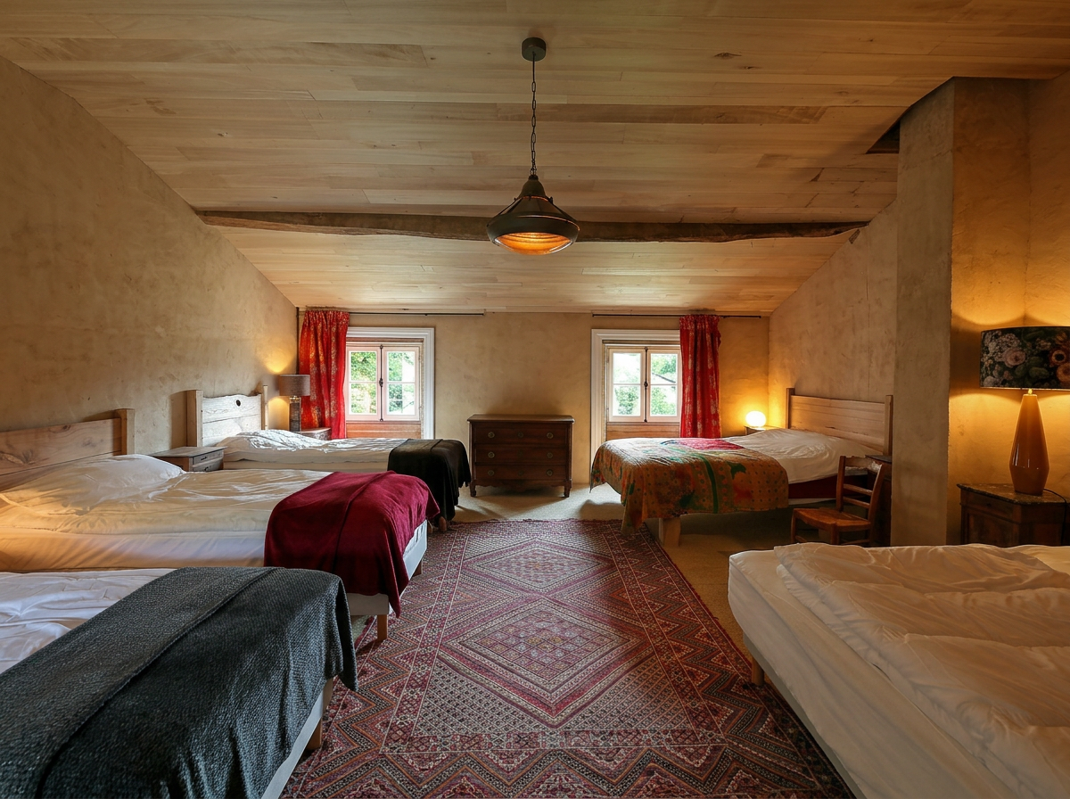 Grande chambre du gîte de Boisguérin avec plusieurs couchages pour les séjours en groupe