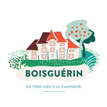 logo avec une maison, un arbre et une rivière, avec le texte "BOISGUÉRIN" et la phrase "UN TIERS-LIEU À LA CAMPAGNE"