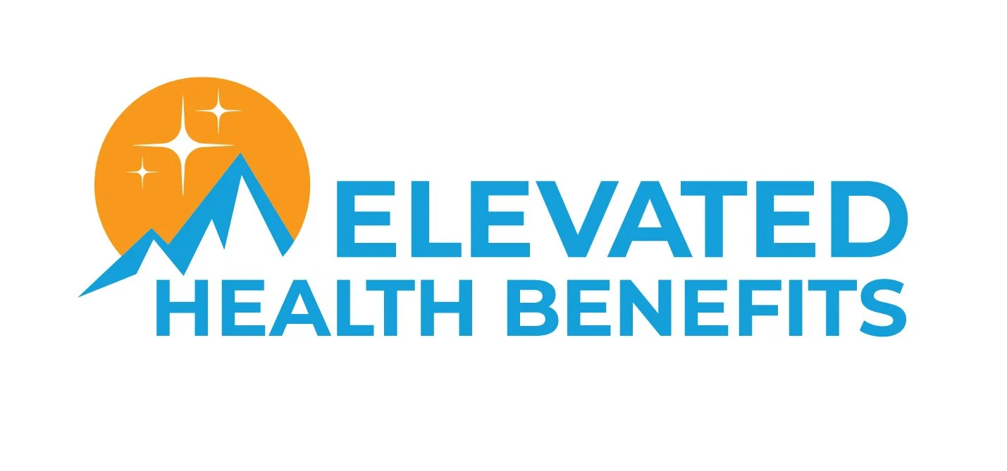 Logo with mountain peaks, a sun with sparkles, and the words "ELEVATED HEALTH BENEFITS" in blue.