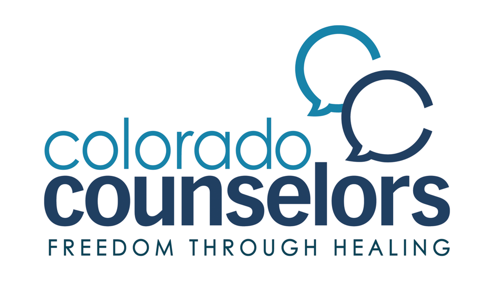 Logo for Colorado Counselors with two speech bubbles and the tagline "Freedom Through Healing".