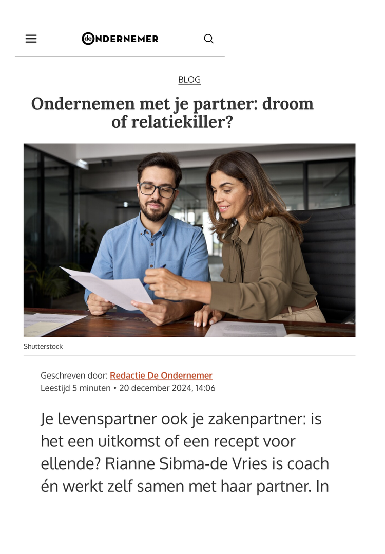 Artikel van Rianne Sibma in De Ondernemer over ondernemen met je partner