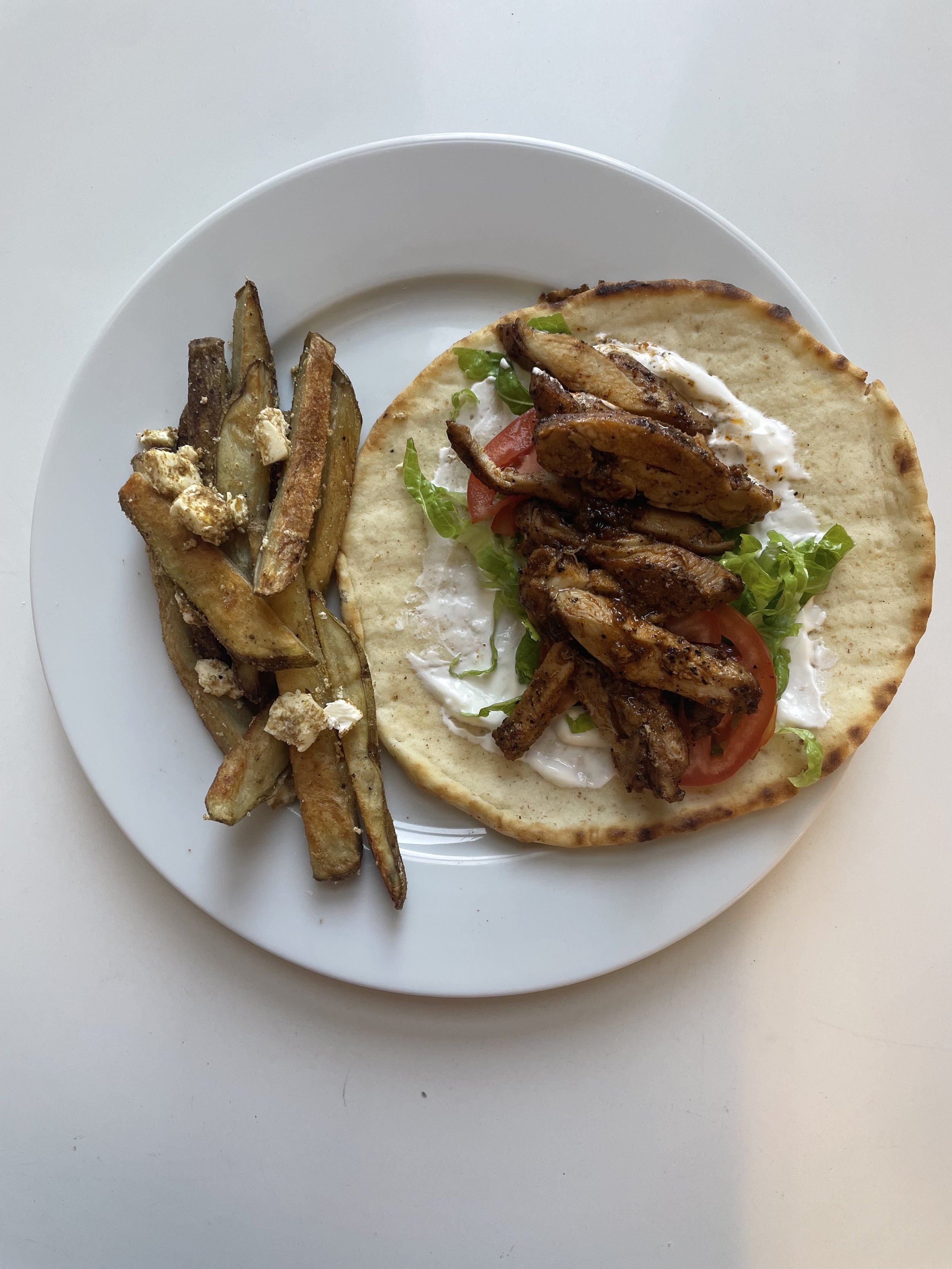 Chicken Shwarma Pita with Cumin and Feta Fries