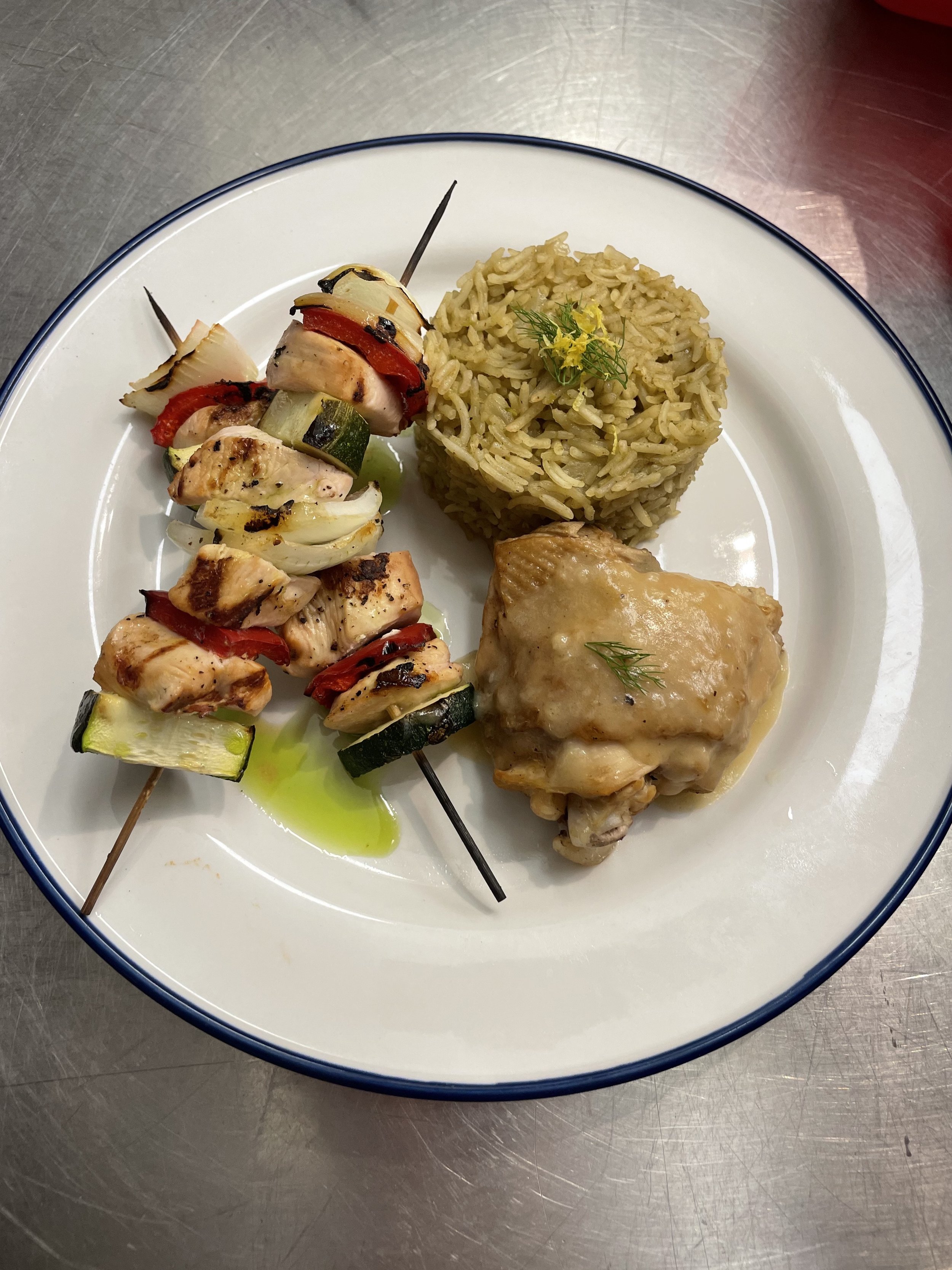 Grilled Chicken Breast and Vegetable Kabobs, Braised Chicken Thigh and Zaatar Spiced Rice