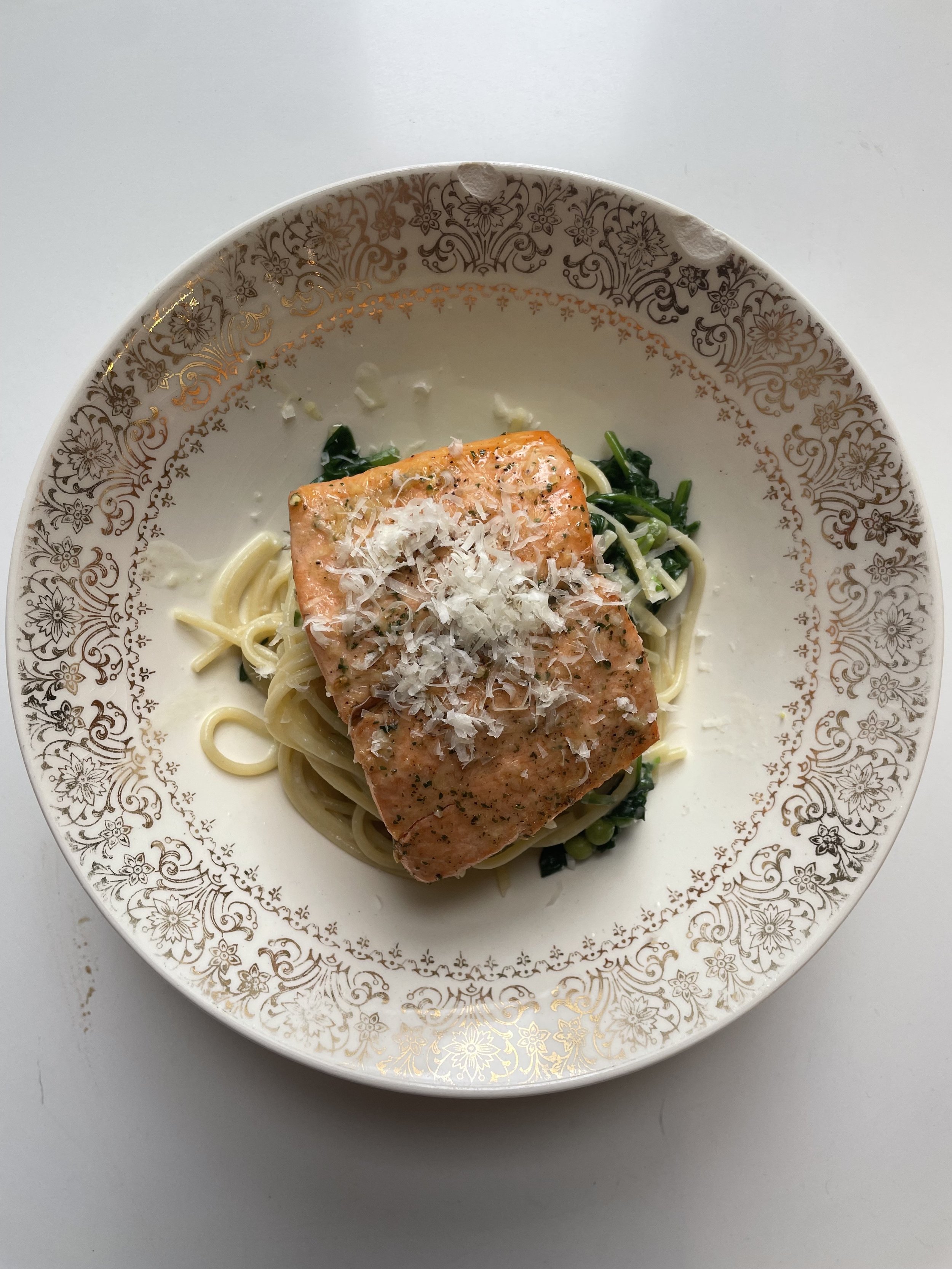 Seared Salmon over Pasta and Spinach