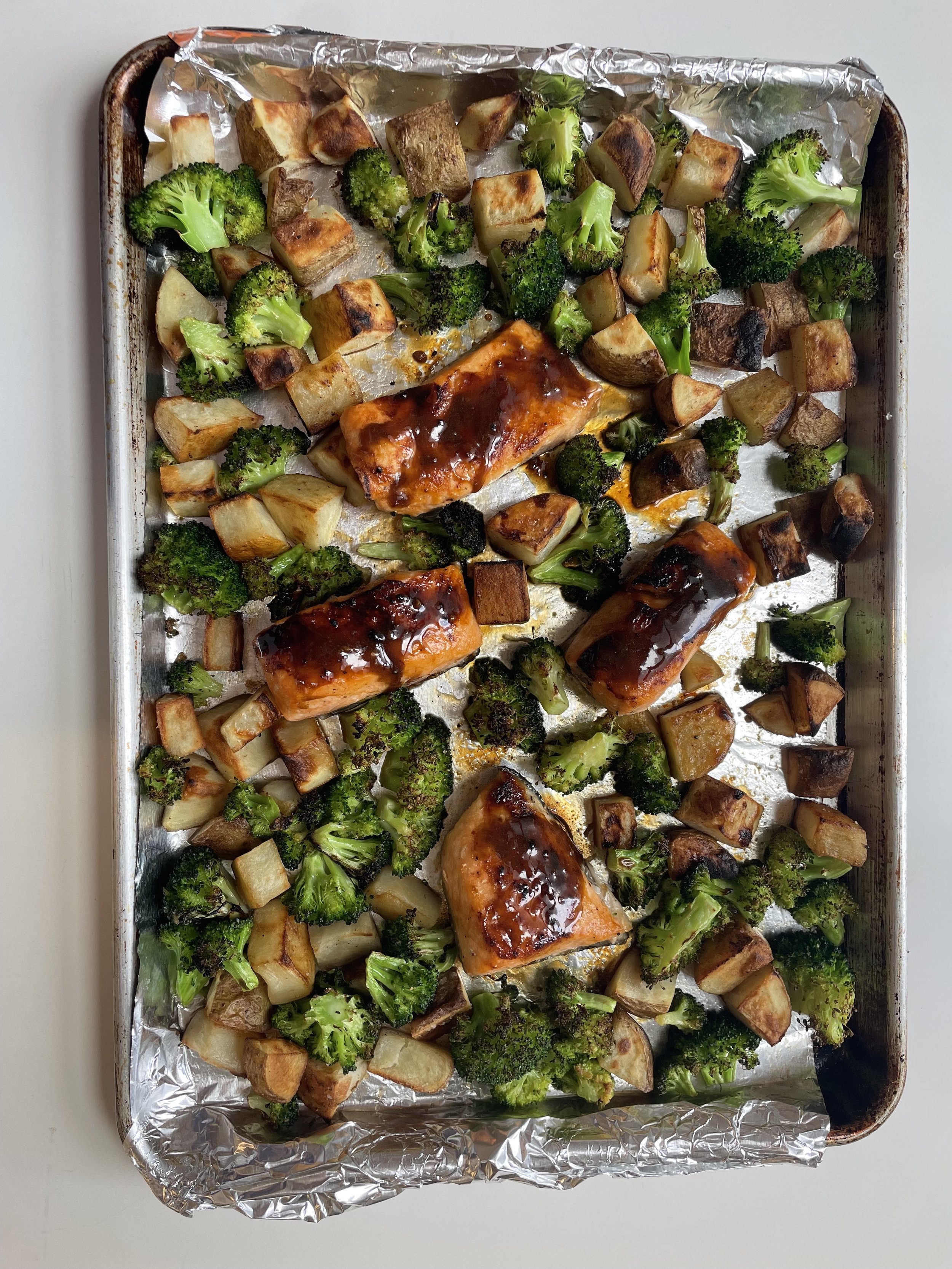 Sheet Pan Meal of Maple Glazed Salmon, Roasted Broccoli and Potatoes
