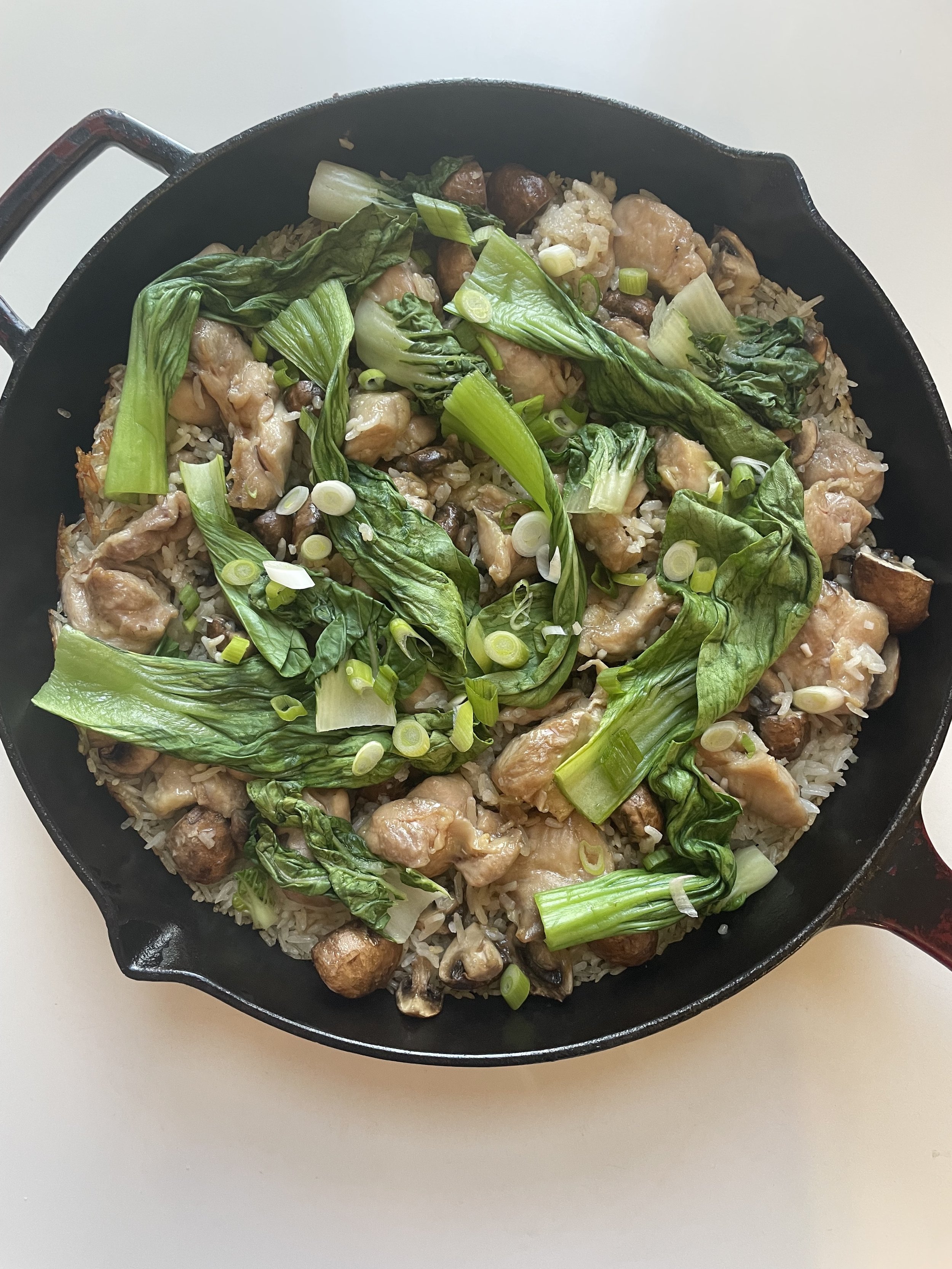 Braised Chicken and Bok Choy over Crispy Rice