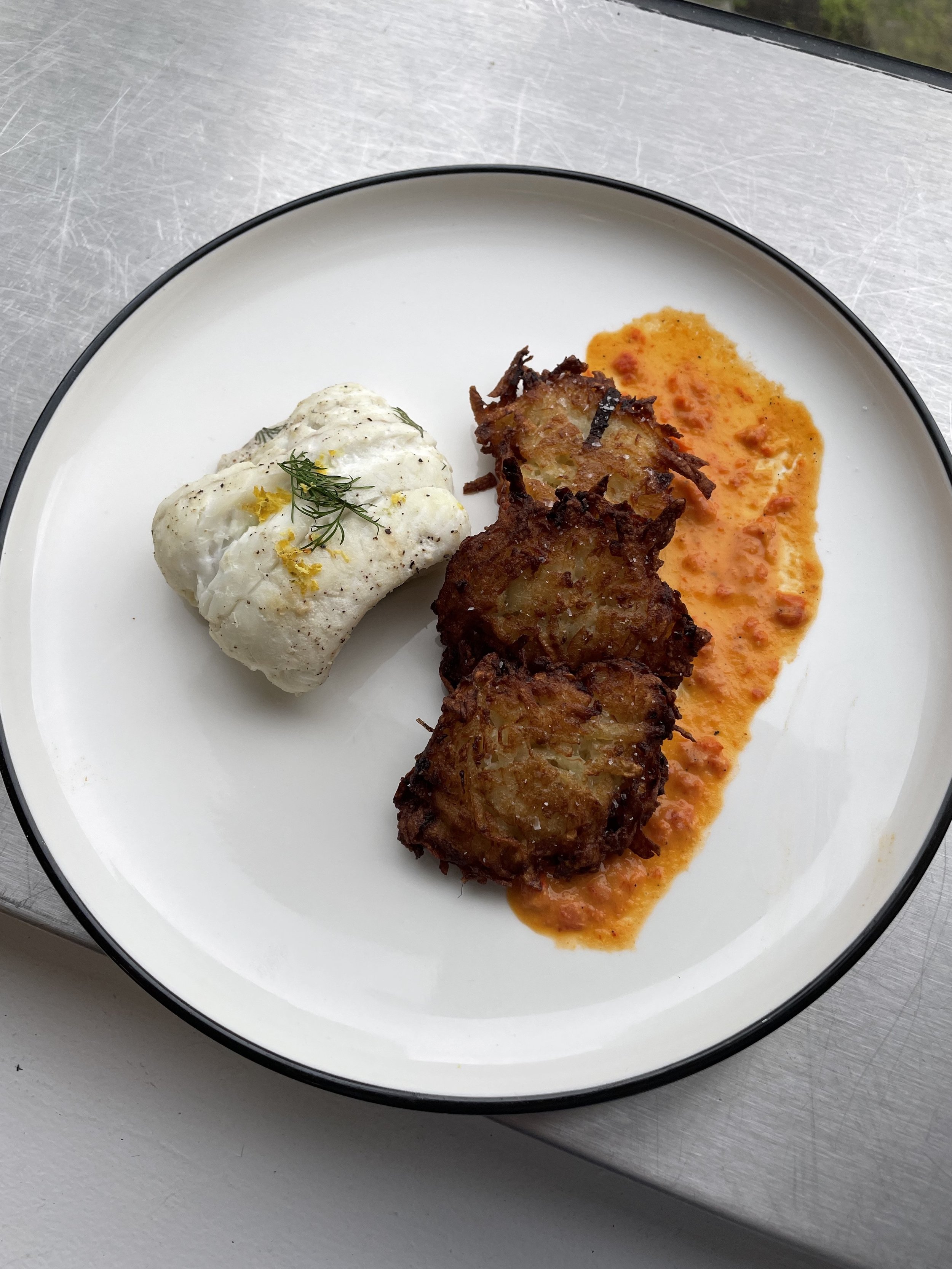 Poached Sole with Lemon and Dill with Potato Pancakes and Roasted Red Pepper Chickpea Sauce